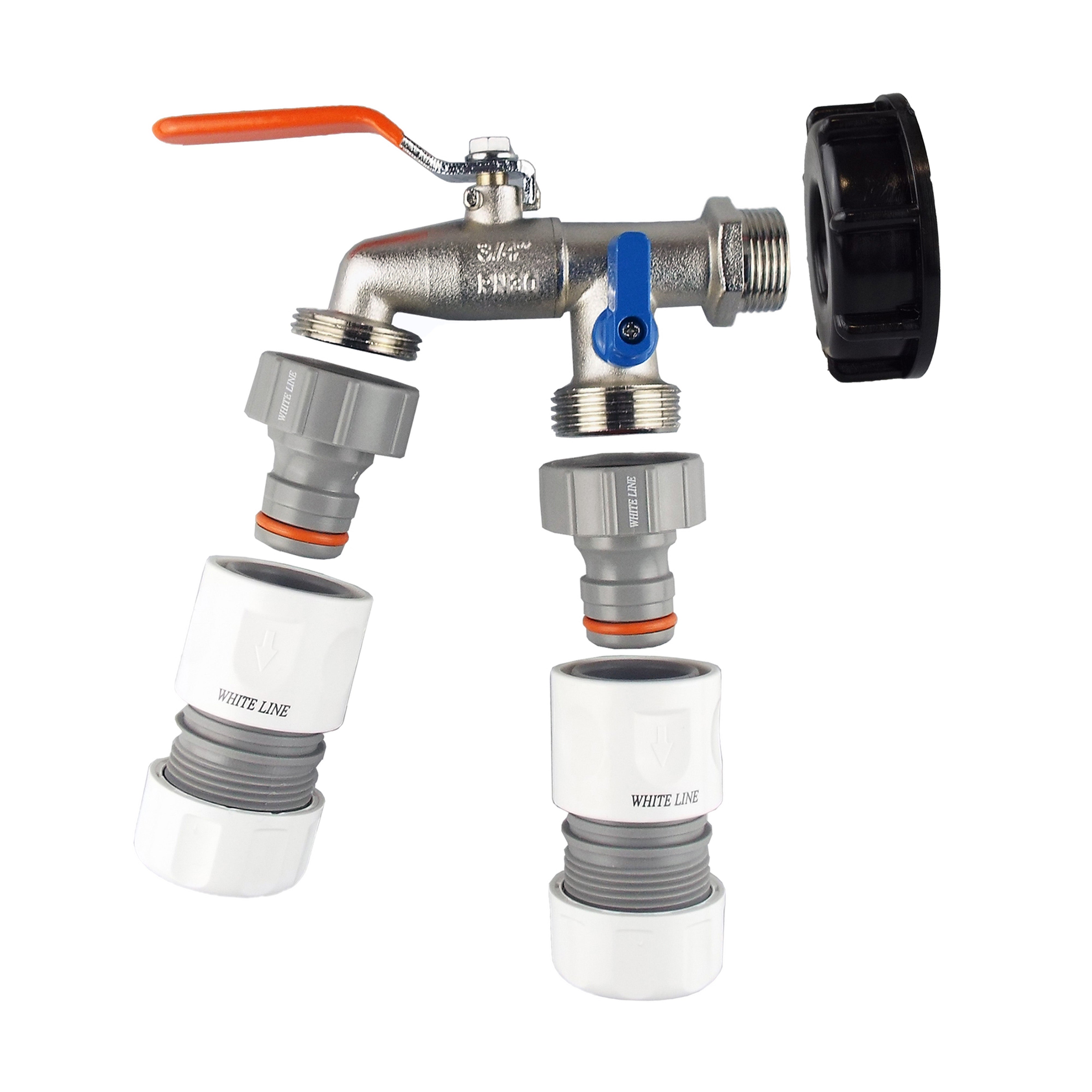 IBC 2” S60X6 Cap with Double Lever Tap and Max Flo Hose Connectors Set