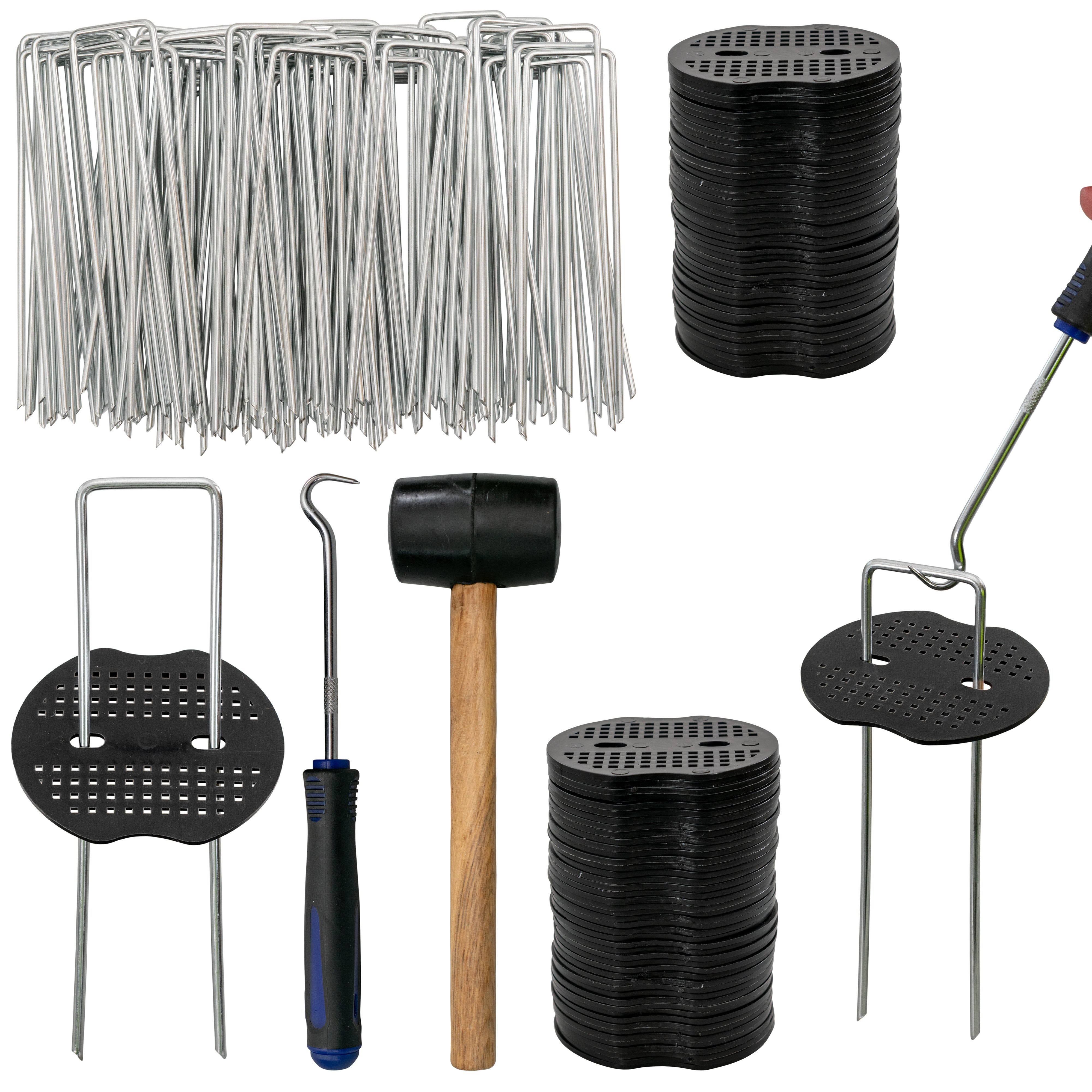 Weed Control Membrane Pegs Buffer Washer Set Blue with Rubber Mallet