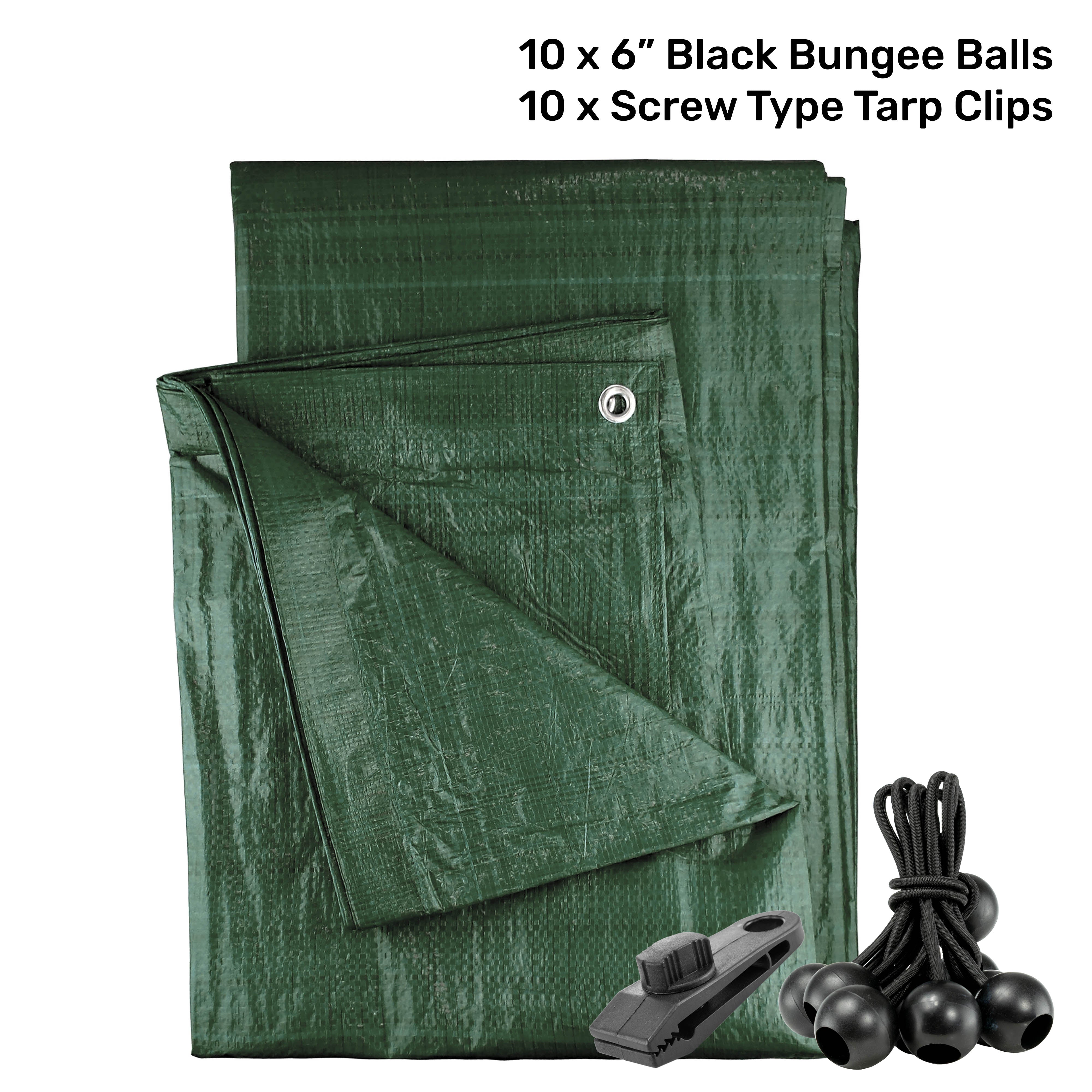 Green M-Grade Tarpaulin with 10 x 6" Bungee Balls (Black) and 10 x Screw Type Tarp Clips
