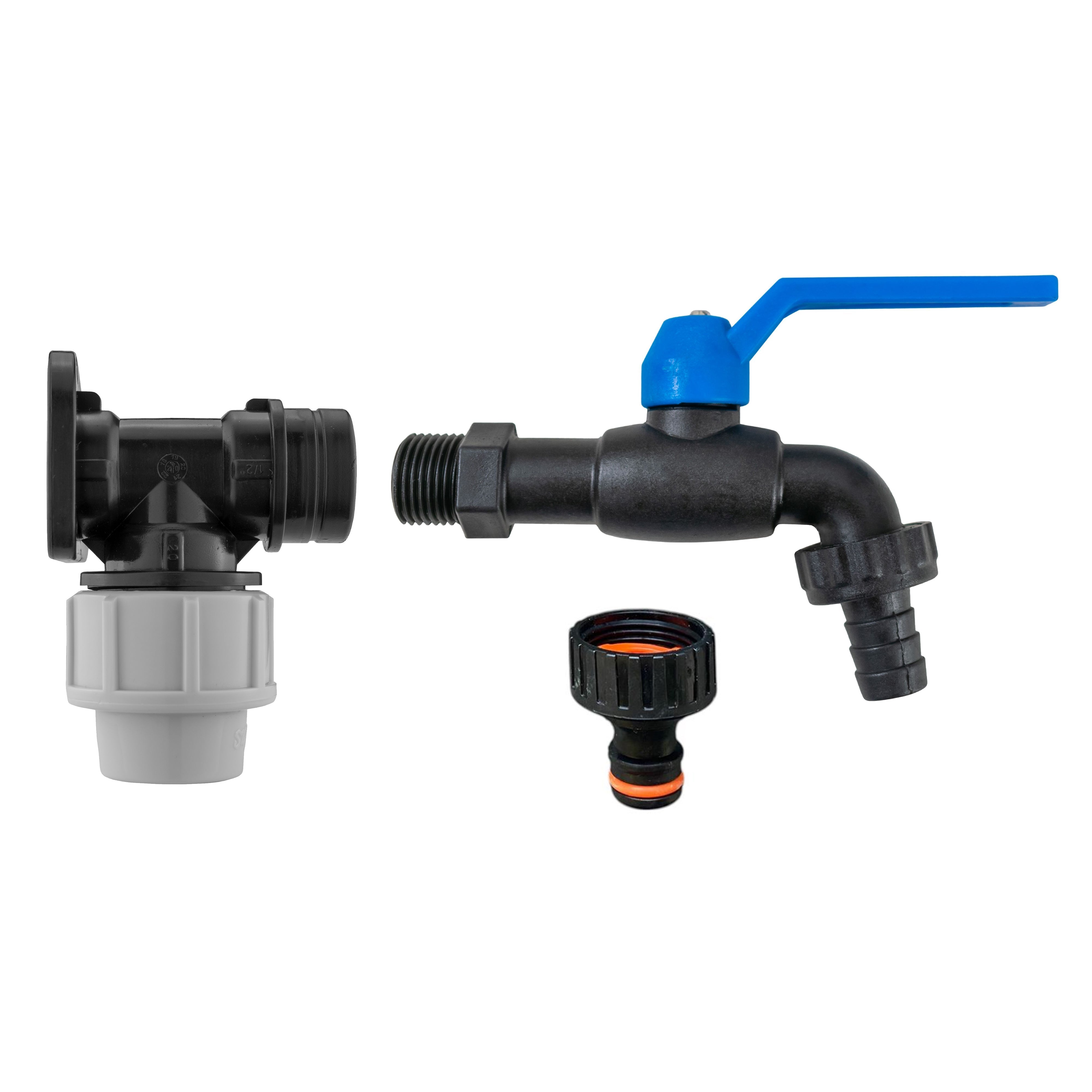 Wall Flange Kit 20mm MDPE with Nylon ½” Barb Tap and Quick Connect Outlet