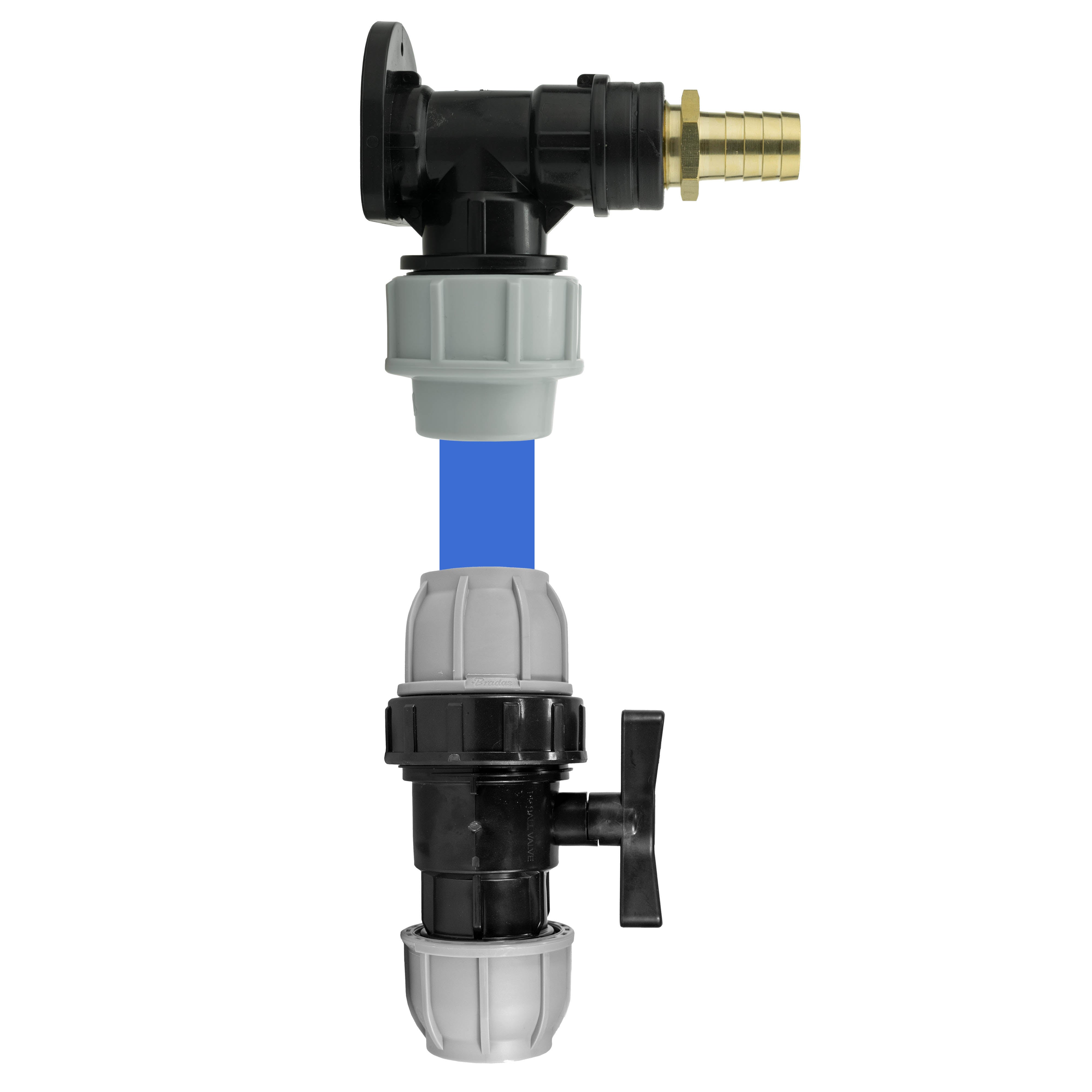 Wall Flange Kit 32mm MDPE + 32mm MDPE Valve + 19mm Brass Barb