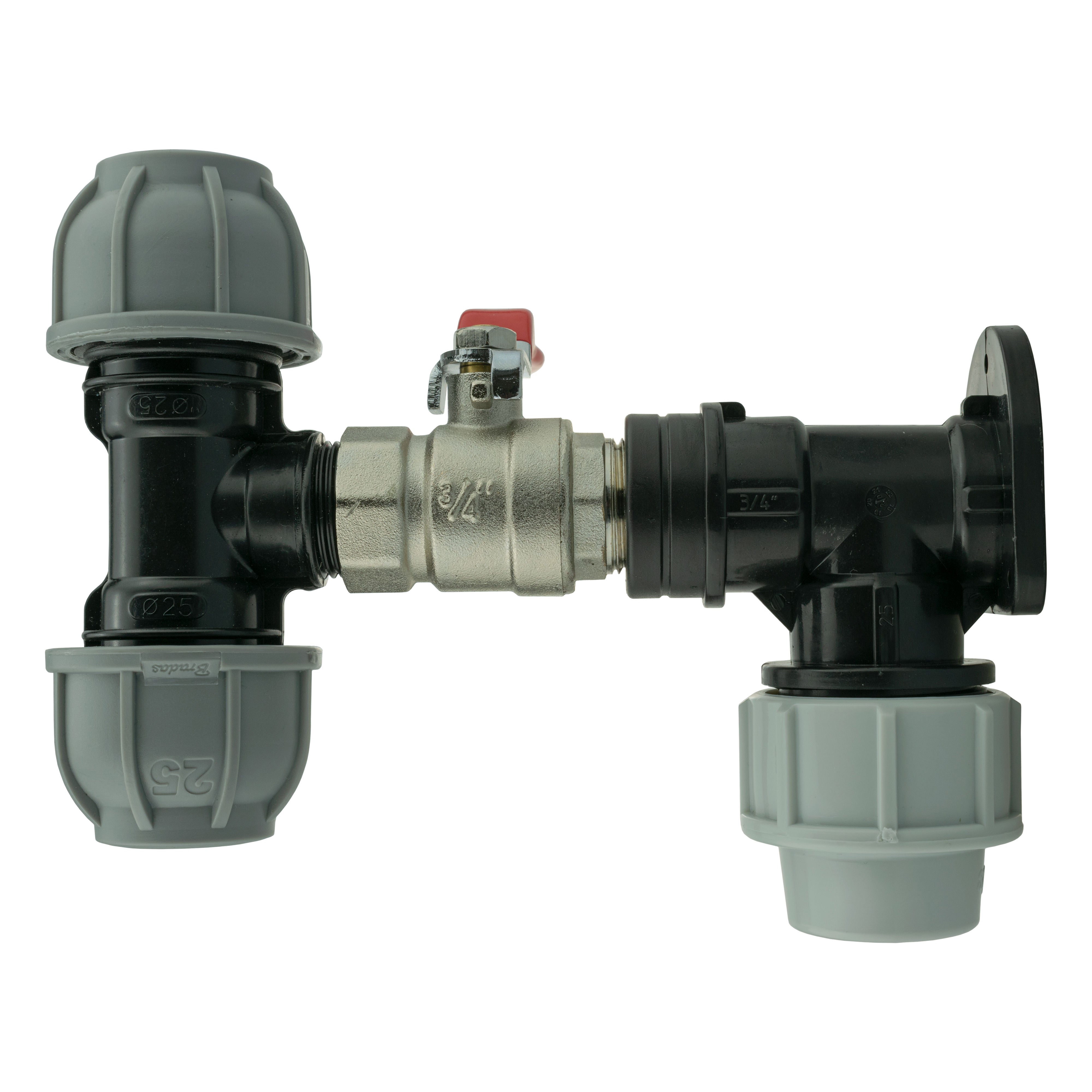 Wall Flange Kit 32mm MDPE + Lever Valve + 25mm MDPE Tee