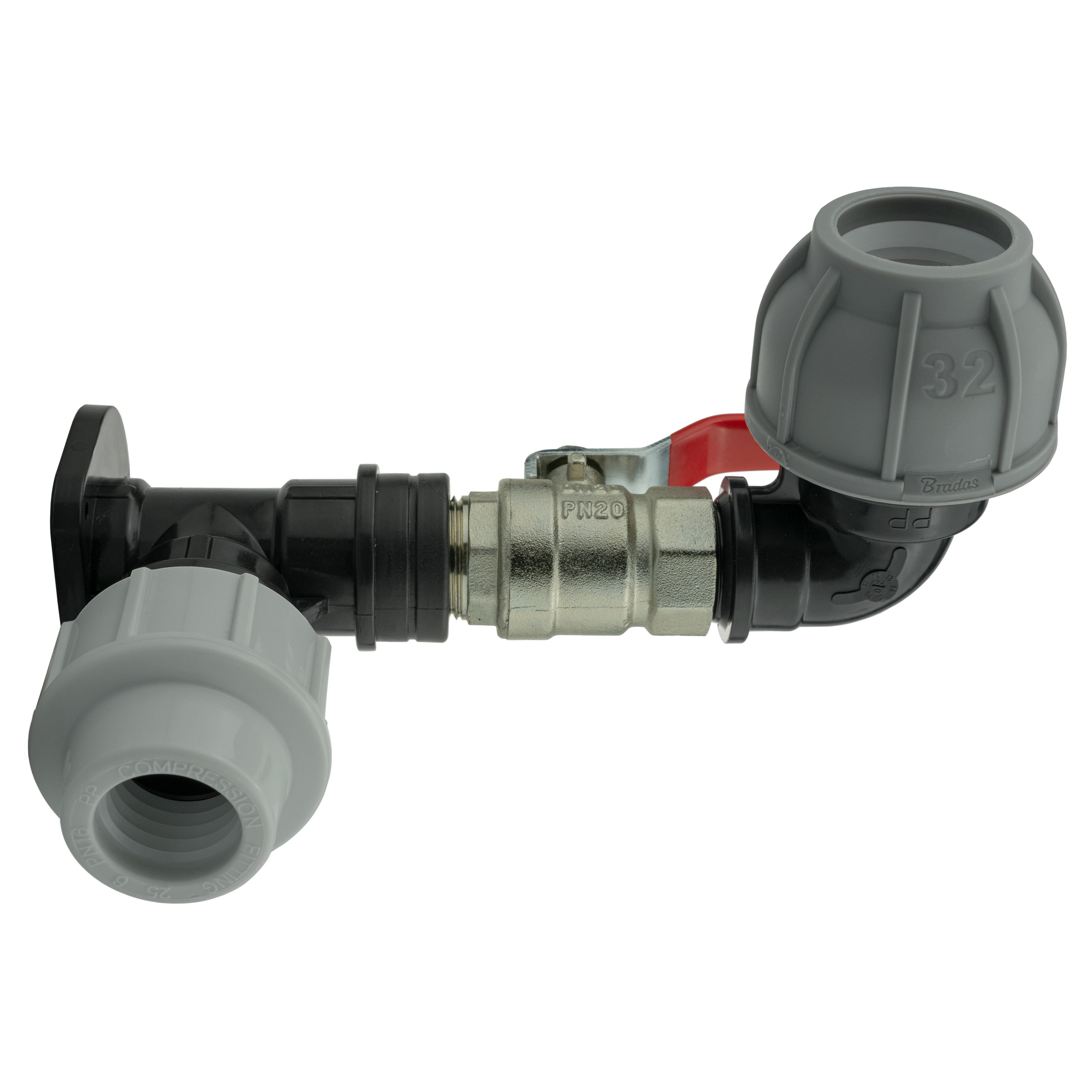 Wall Flange Kit 32mm MDPE + Lever Valve + 32mm MDPE Elbow