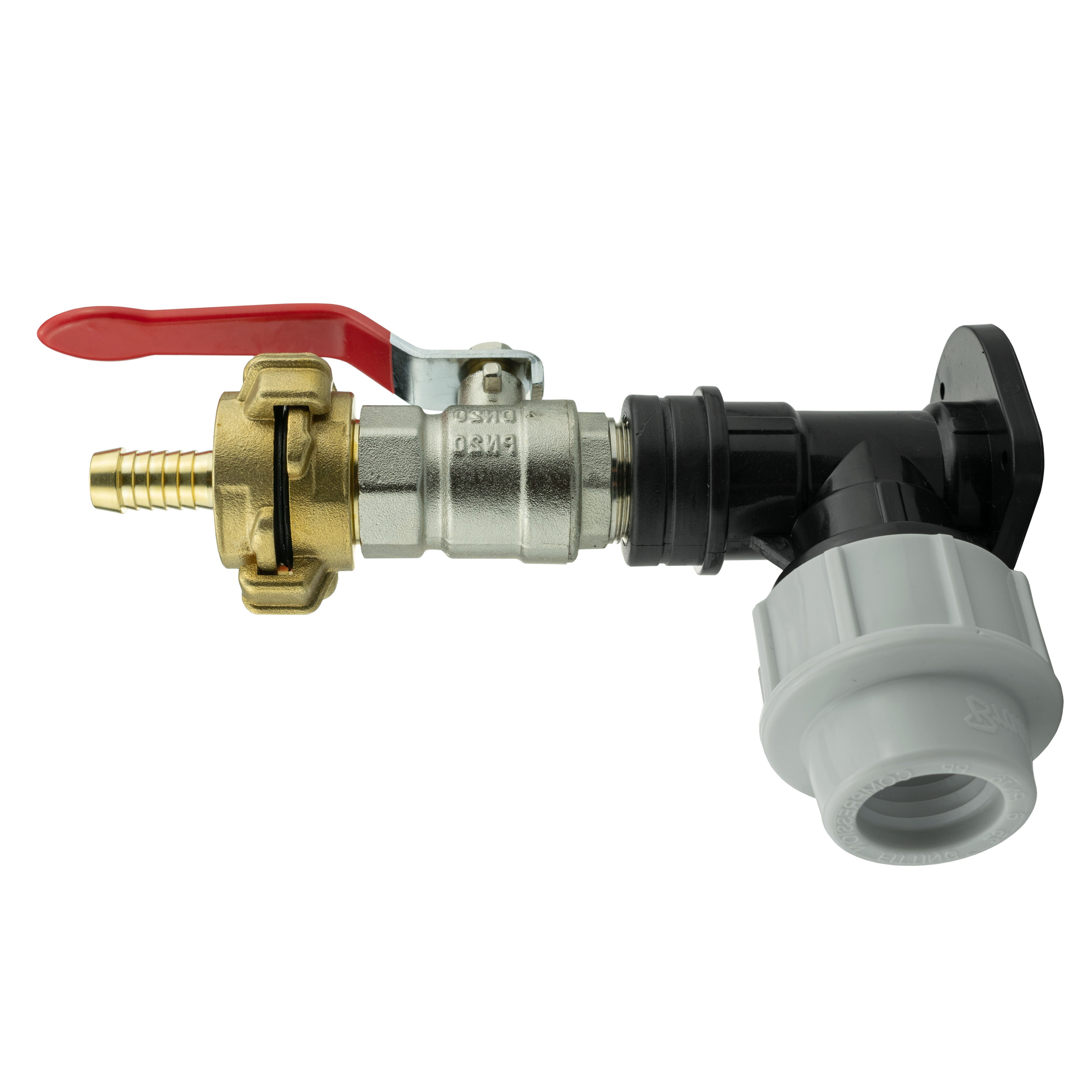 Wall Flange Kit 32mm MDPE + Lever Valve + 13mm Barbed Geka Set