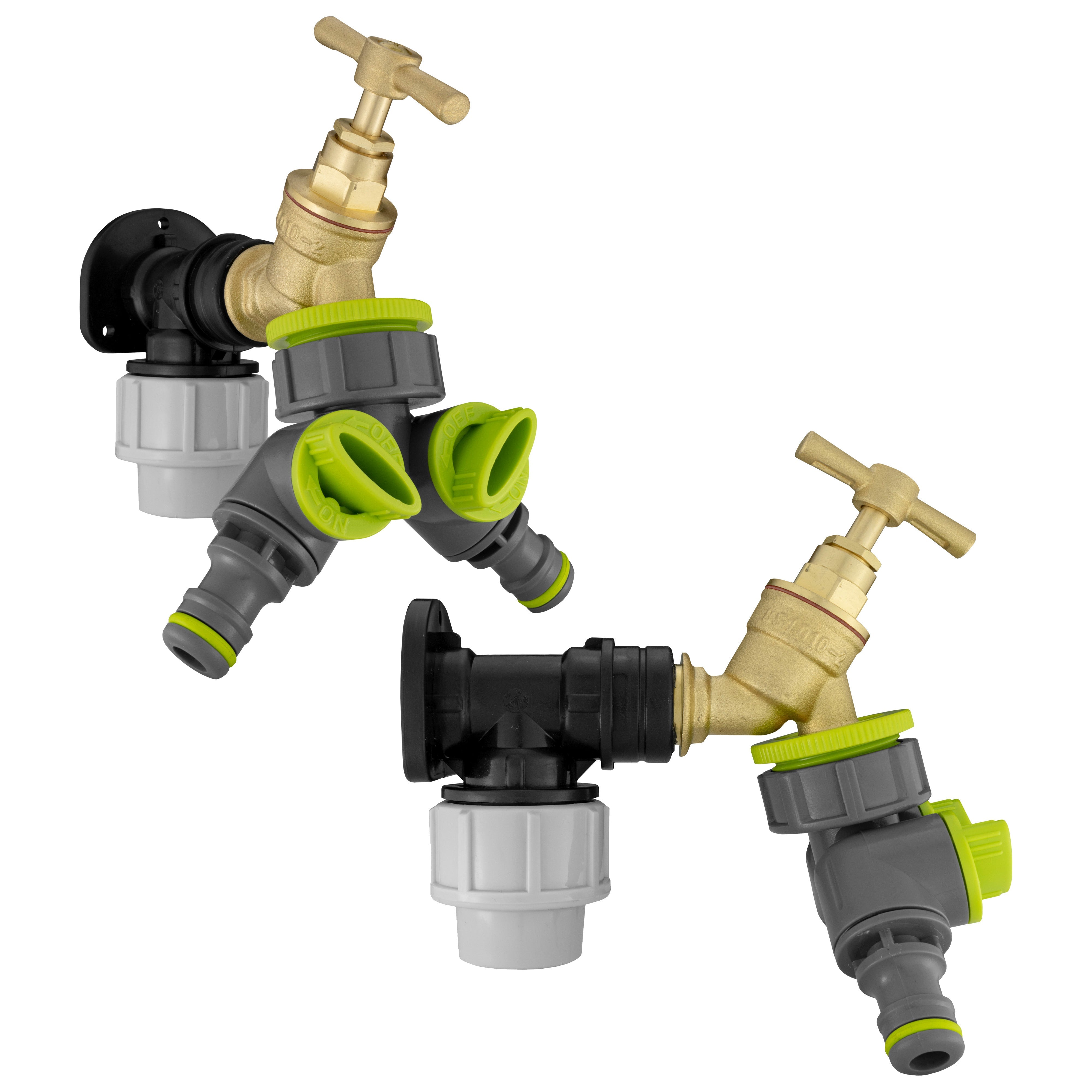 Wall Flange Kit 25mm MDPE + Brass Bib Tap + Lime Two Way Tap Splitter