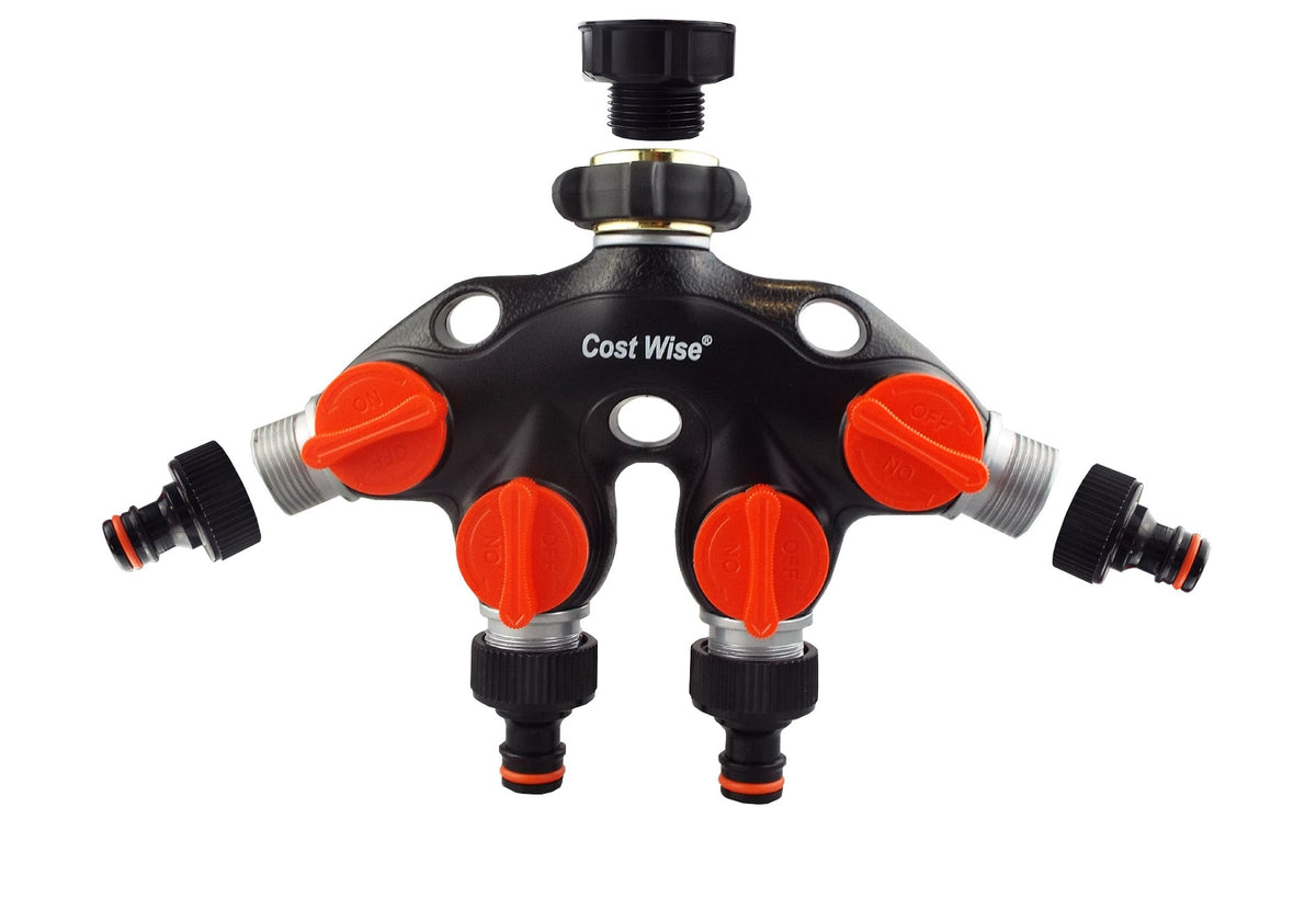 4 Way Tap Connector with Valves Metal
