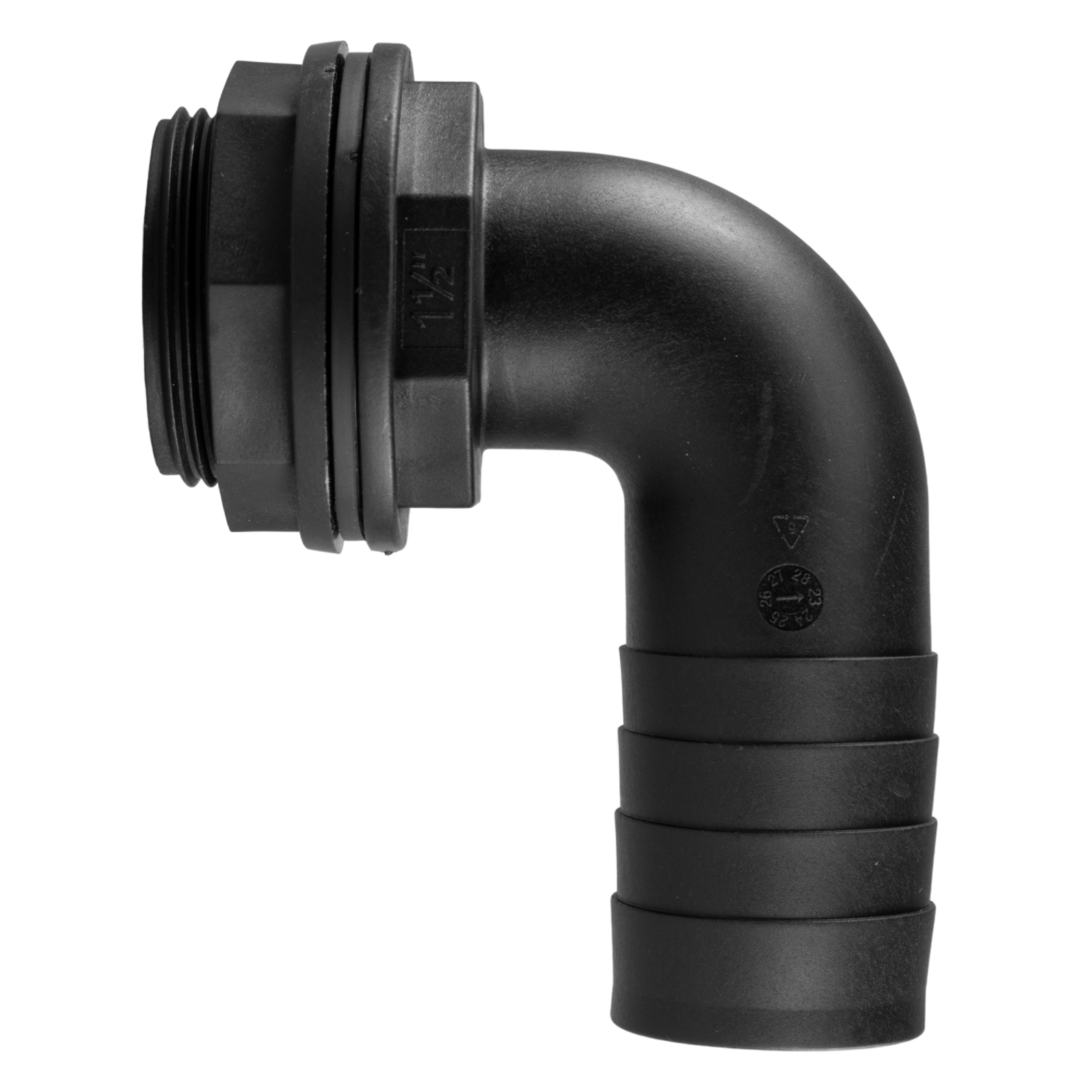 Tank Connector 90 Degree with Washer & Nut 1.25" BSPM - 1.25" Barb