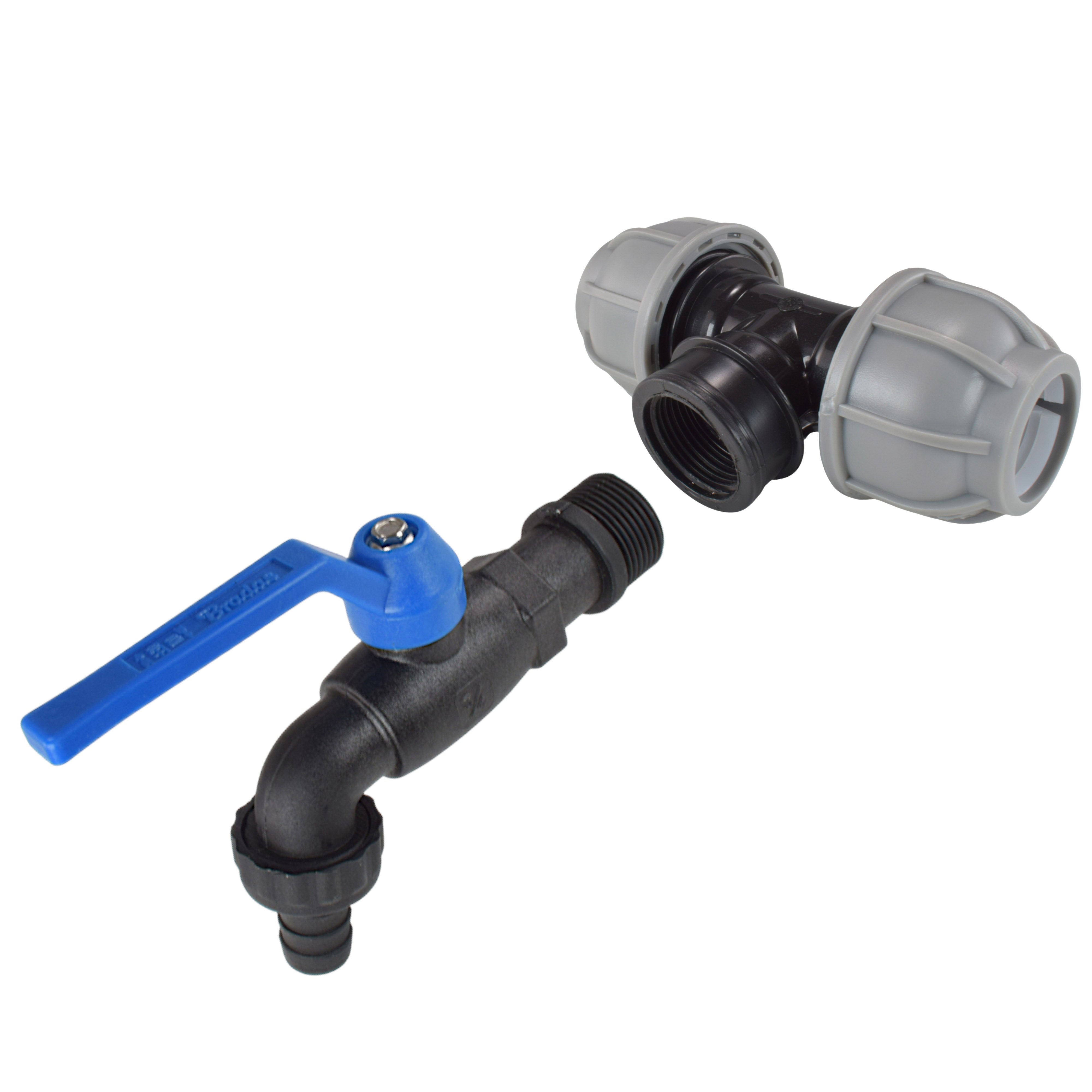 MDPE Tee 32mm and Nylon Garden Tap with Barb Outlet