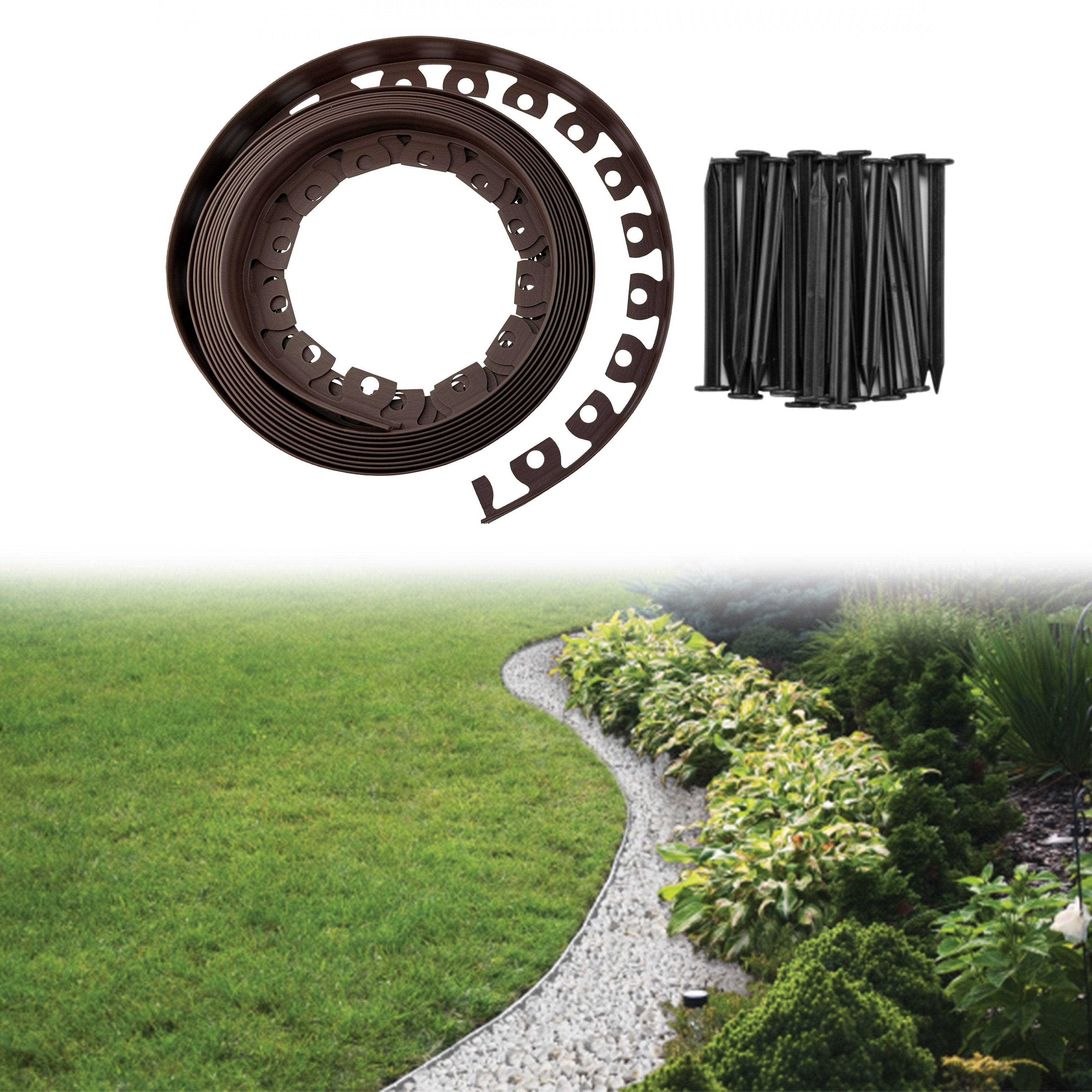 Lawn Border Set, Easy Border 40mm Brown 10m with Pegs