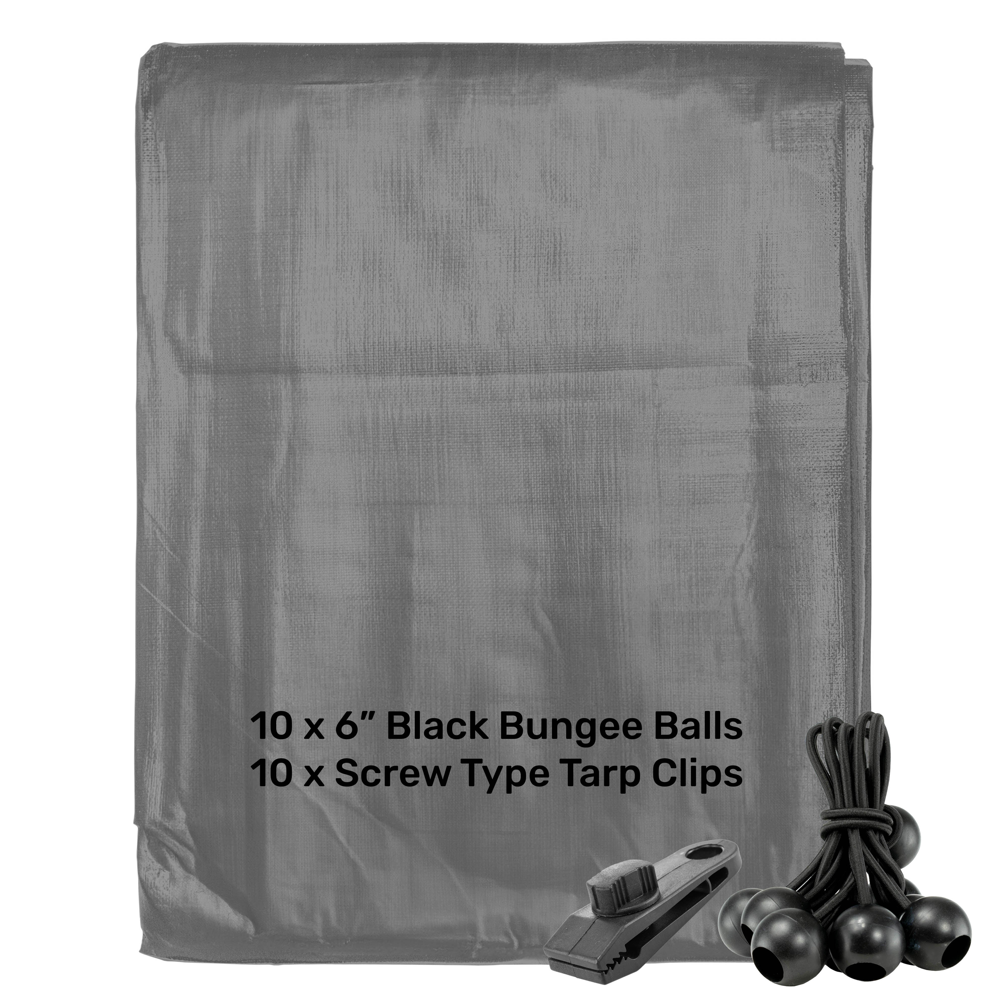 Grey L-Grade Tarpaulin with 10 x 6" Bungee Balls (Black) and 10 x Screw Type Tarp Clips
