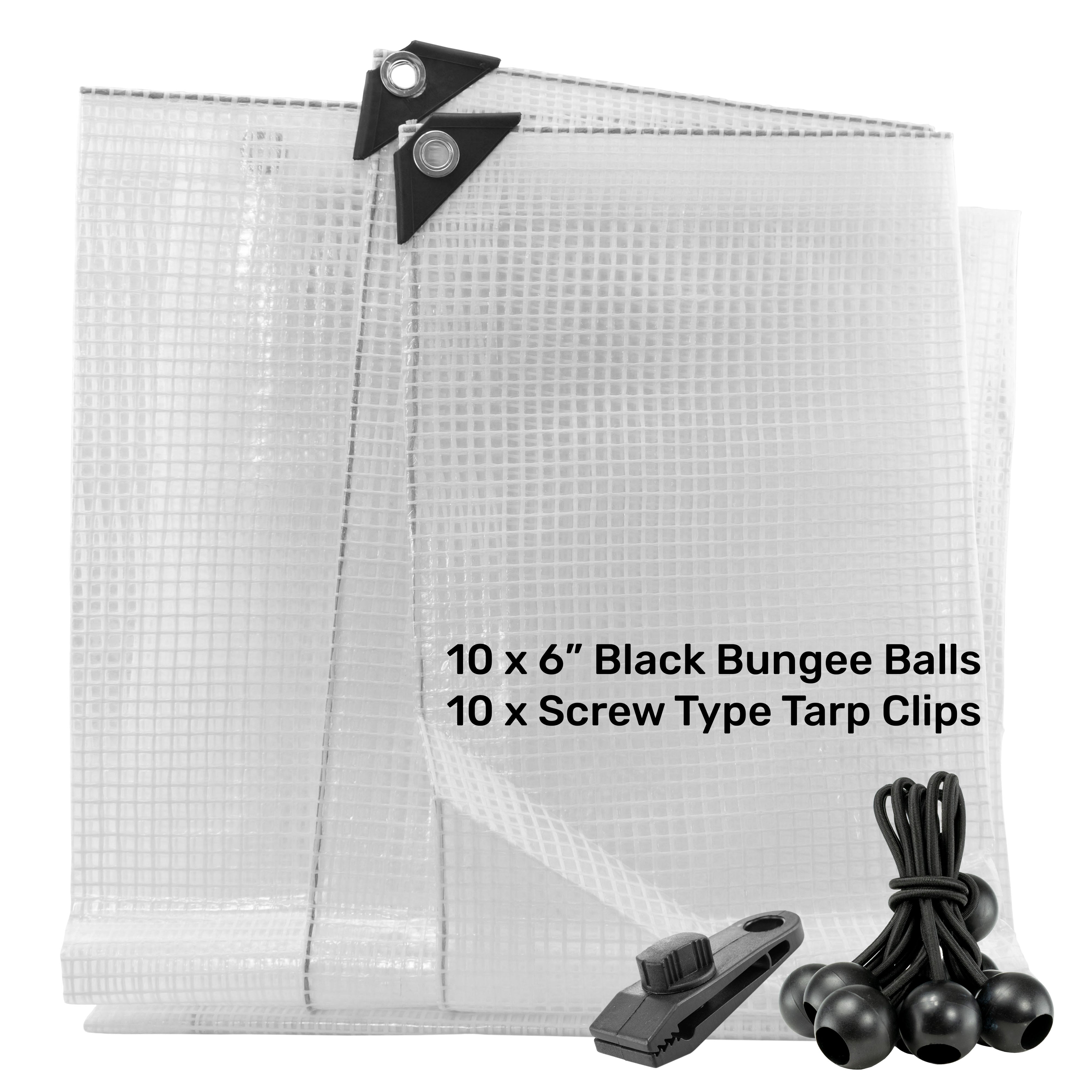 Clear XL-Grade Tarpaulin with 10 x 6" Bungee Balls (Black) and 10 x Screw Type Tarp Clips