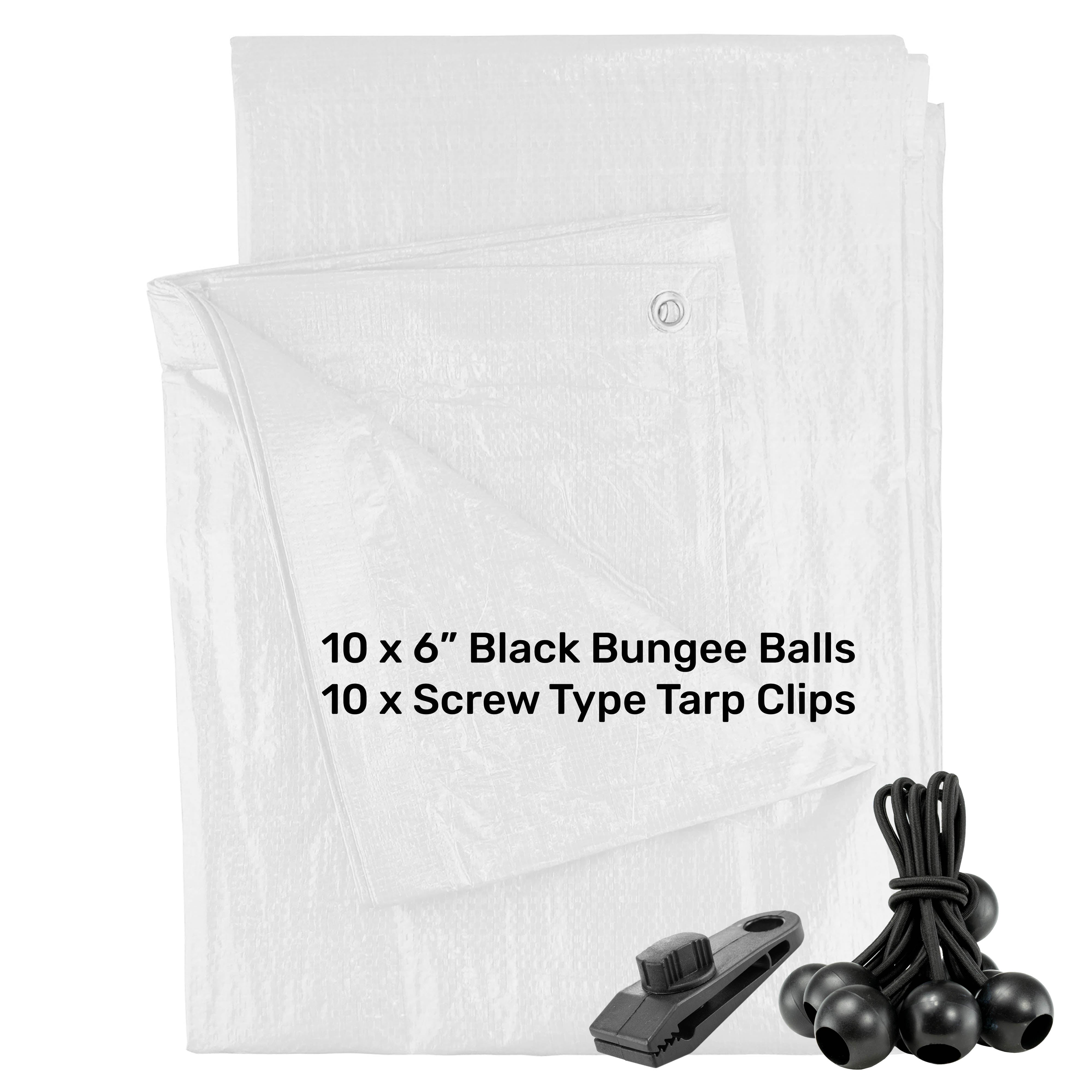 White M-Grade Tarpaulin with 10 x 6" Bungee Balls (Black) and 10 x Screw Type Tarp Clips