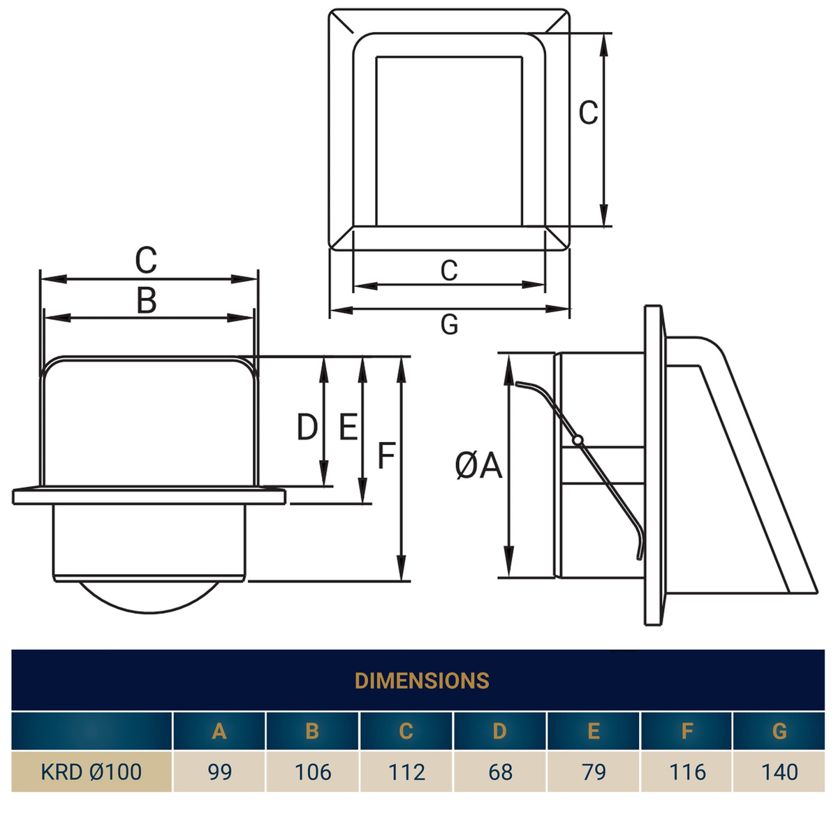External Graphite Louvre Vent KRD/100G fi100mm