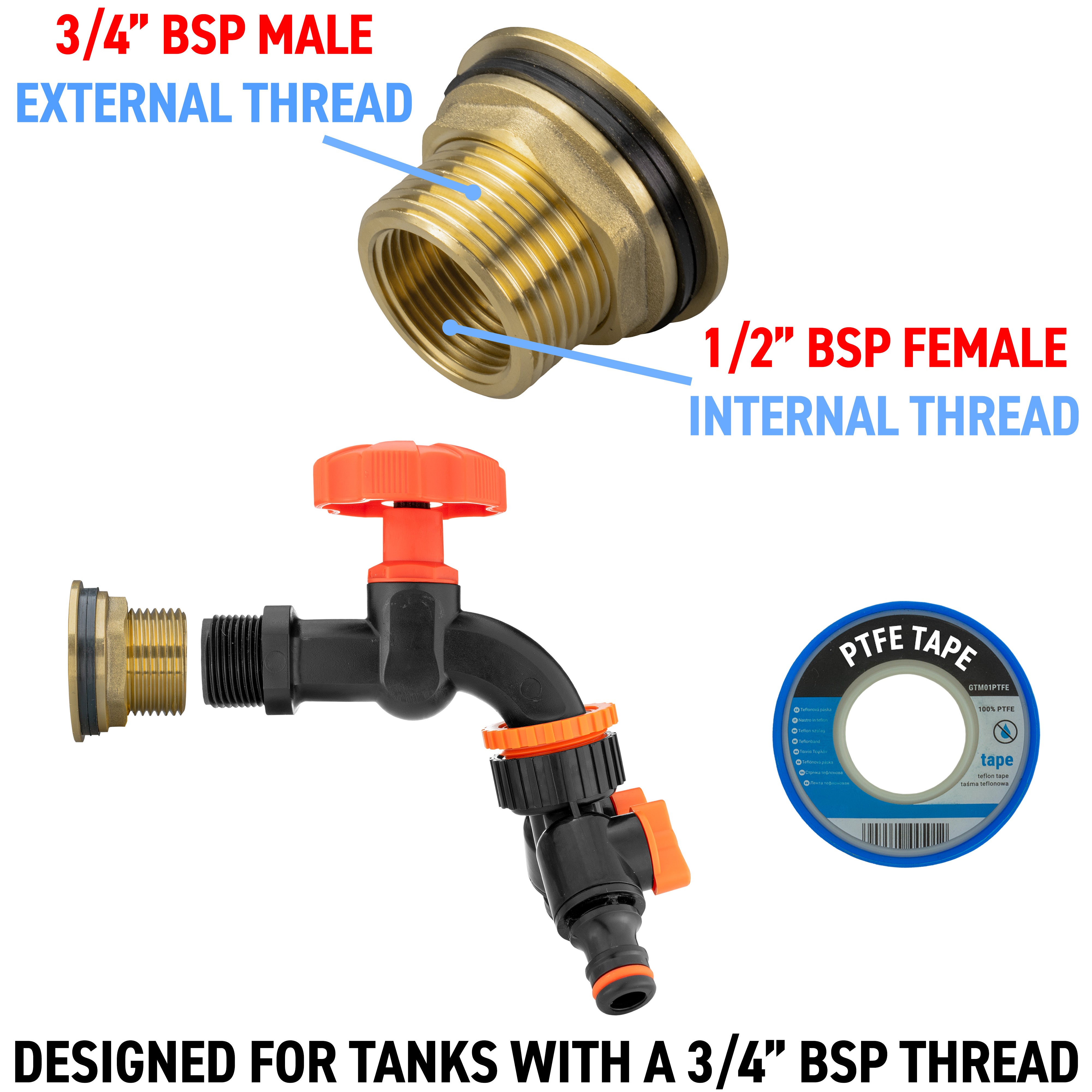 Water Butt Brass Kit 3/4" with Black Dial Tap + Two-Way Splitter and Drill Bit