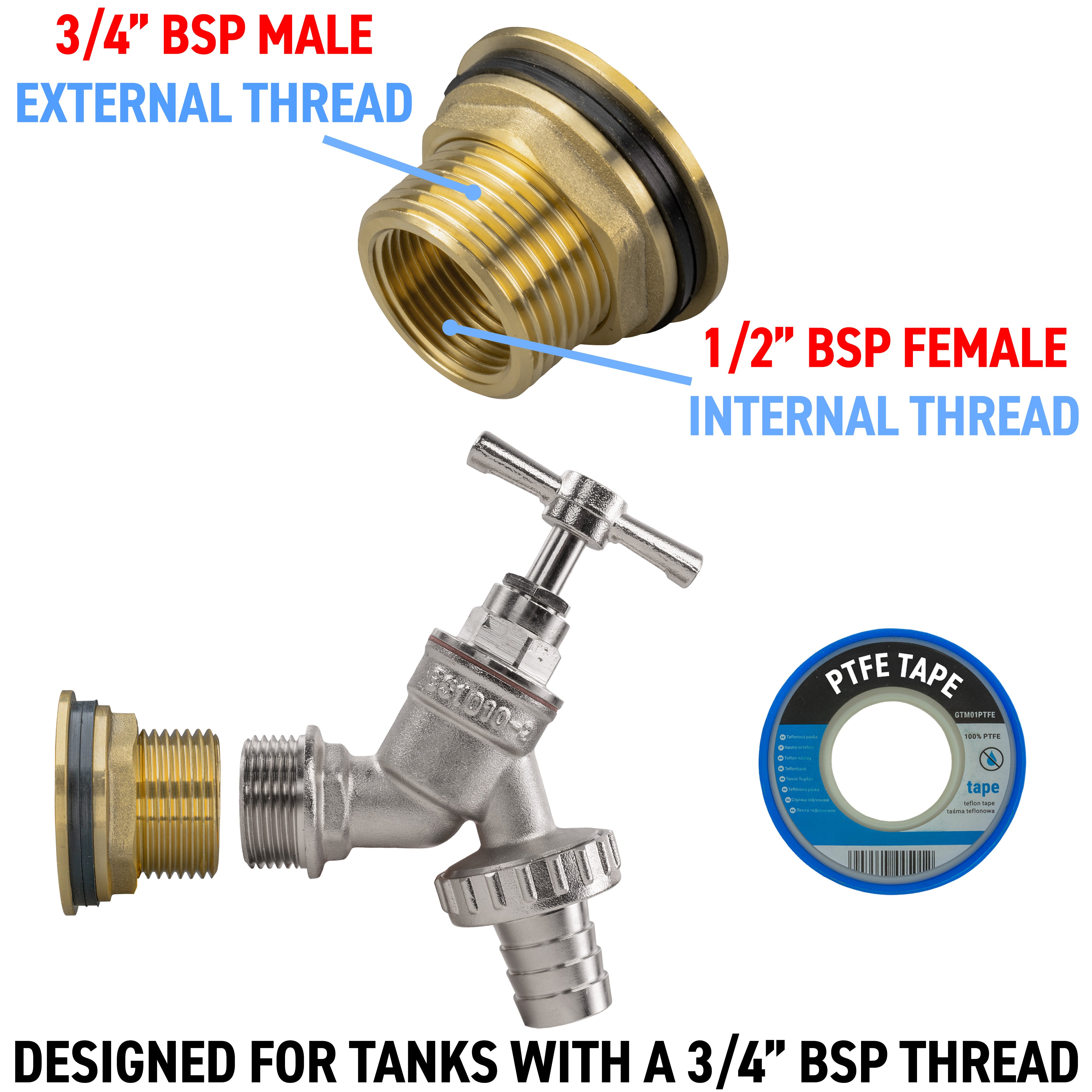Water Butt Brass Kit 3/4" with Nickel Plated Brass Barbed Tap and Drill Bit