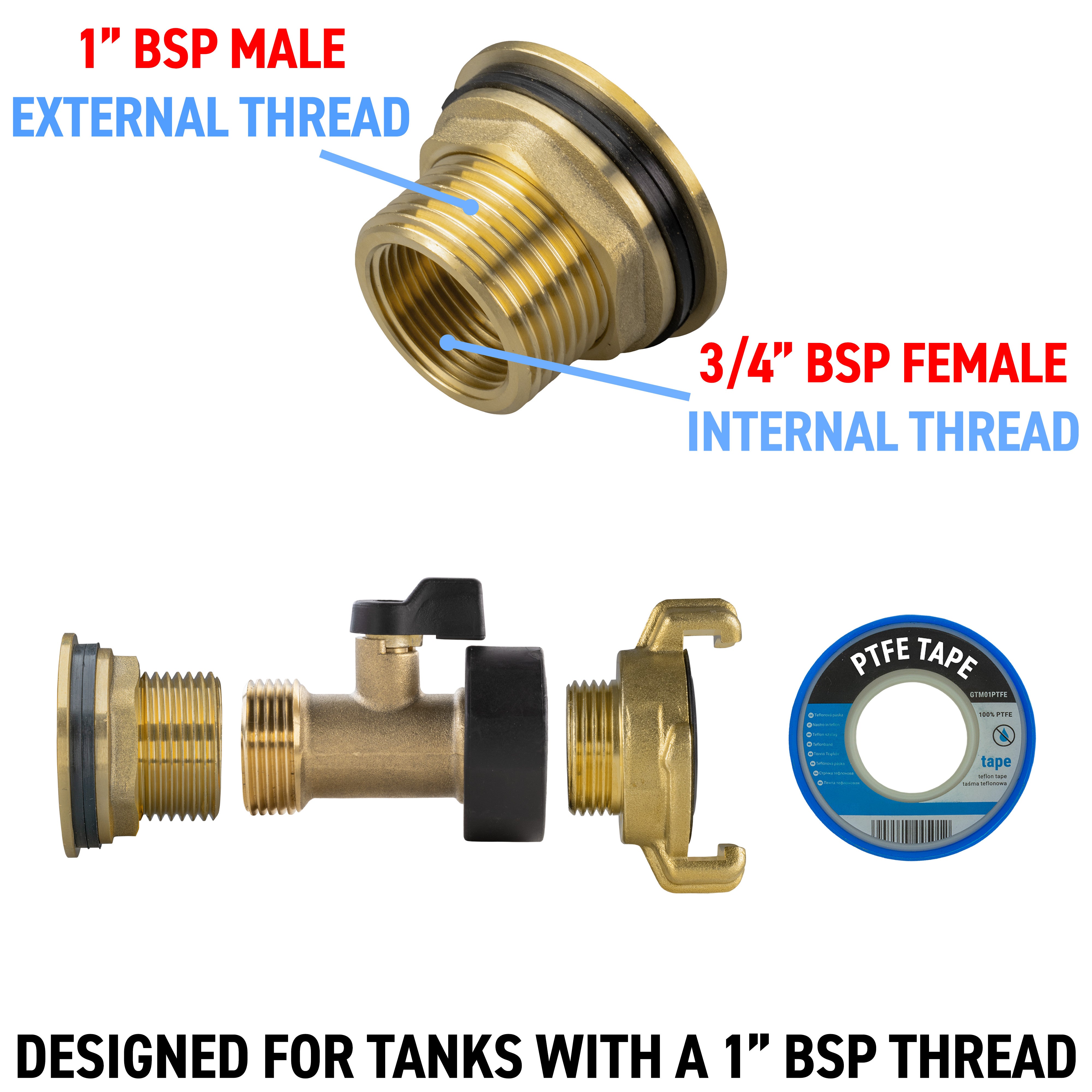 Water Butt Brass Kit 1" with Brass Valve + Geka