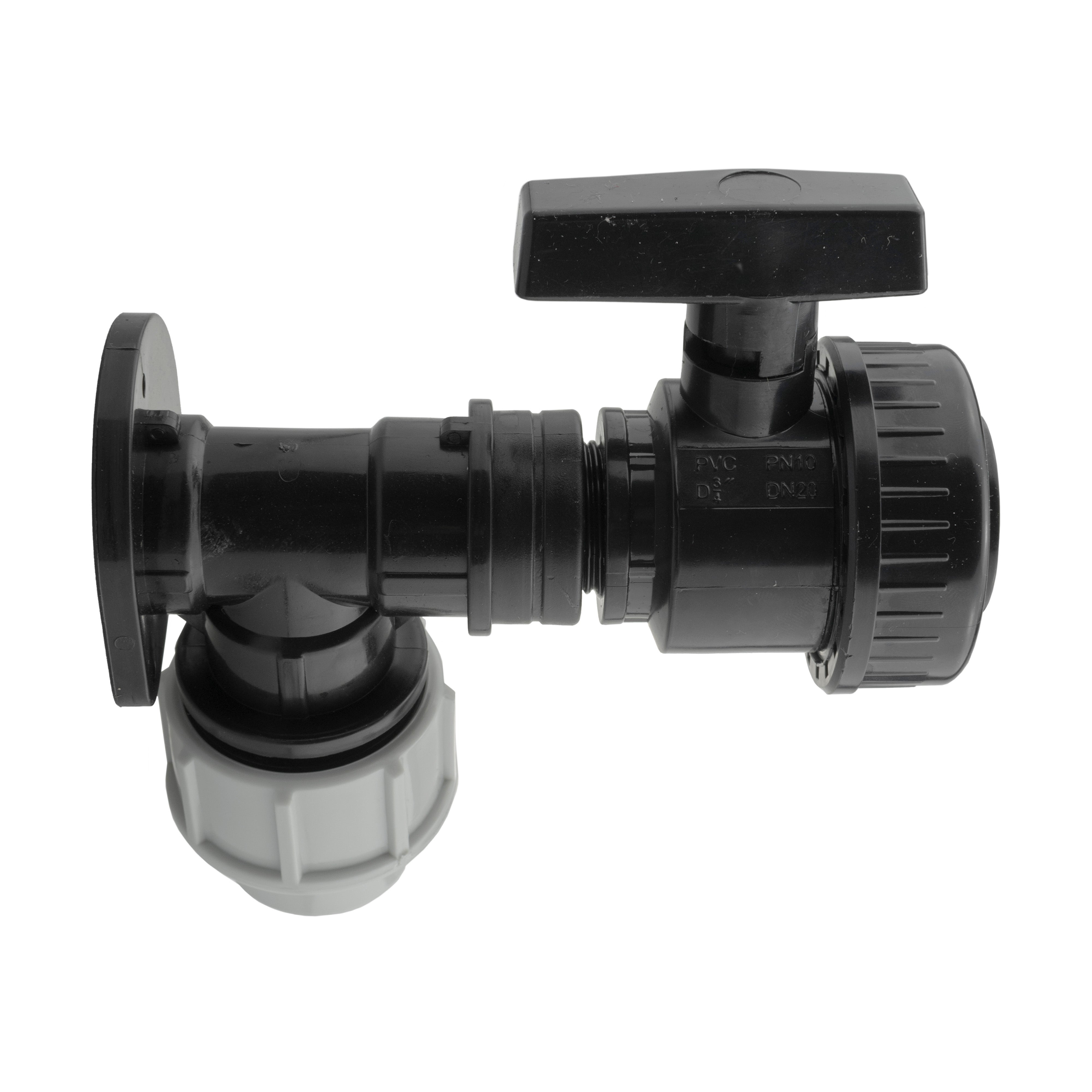 Wall Flange Kit 32mm MDPE + Large Plastic Valve 3/4" BSP