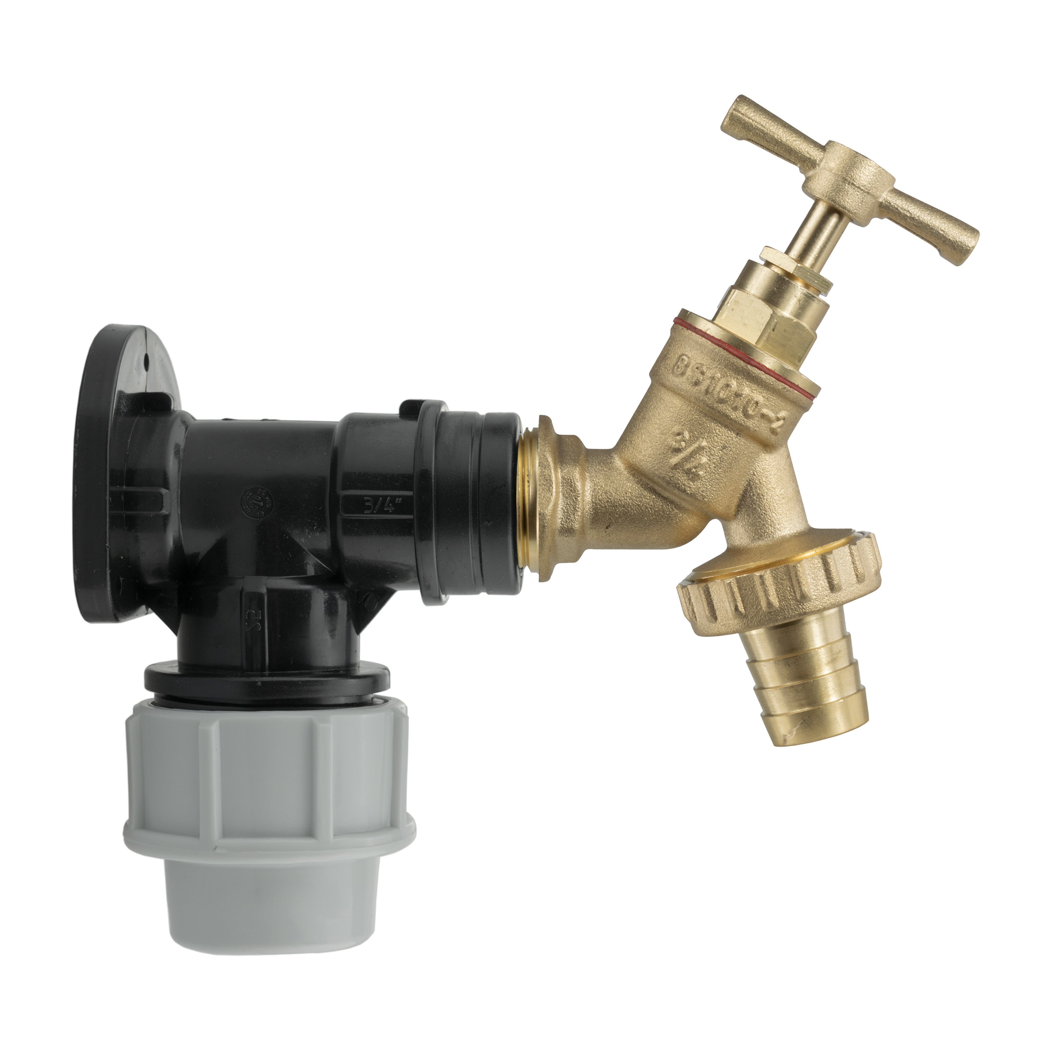Wall Flange Kit 32mm MDPE - Brass Garden Tap 3/4" Barb