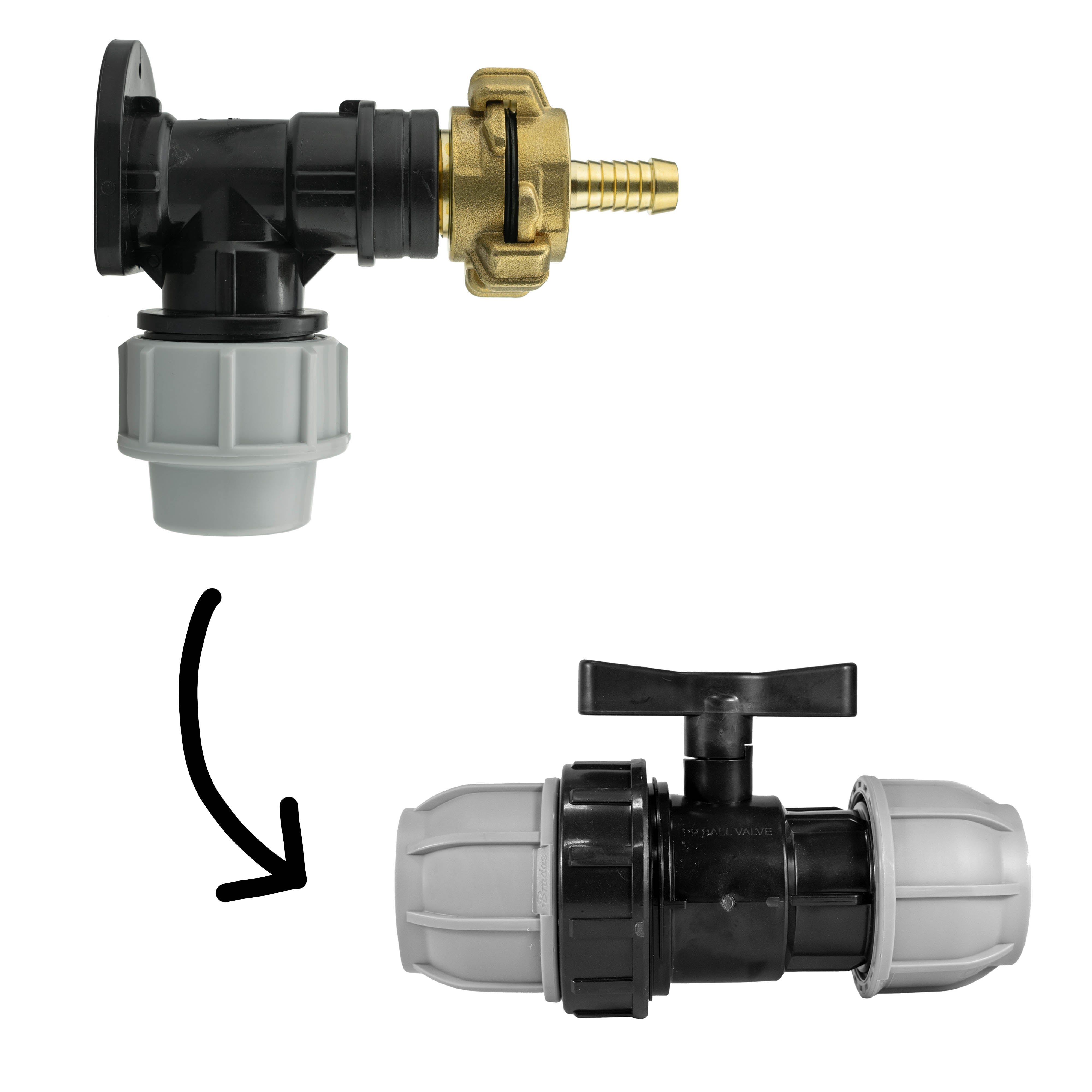 Wall Flange Kit 32mm MDPE + 32mm MDPE Valve + 13mm Barbed Geka Set