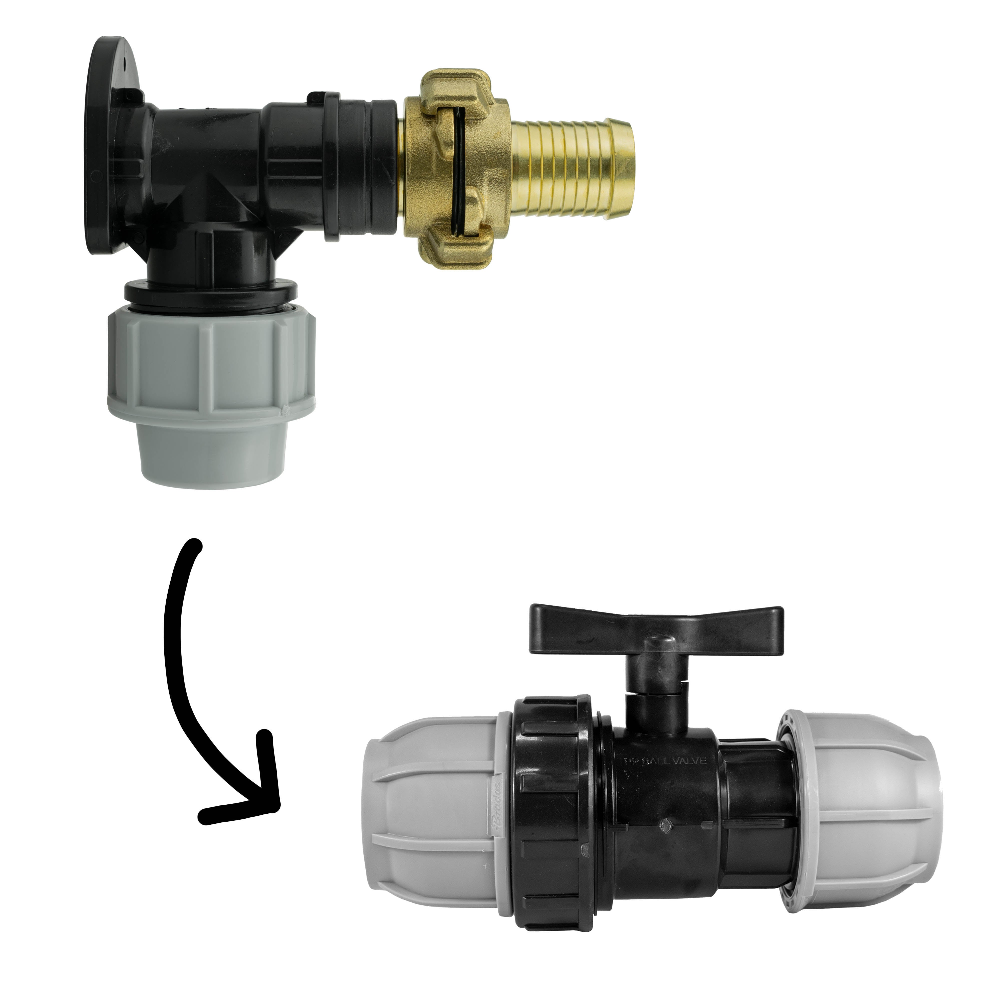 Wall Flange Kit 32mm MDPE + 32mm MDPE Valve + 25mm Barbed Geka Set