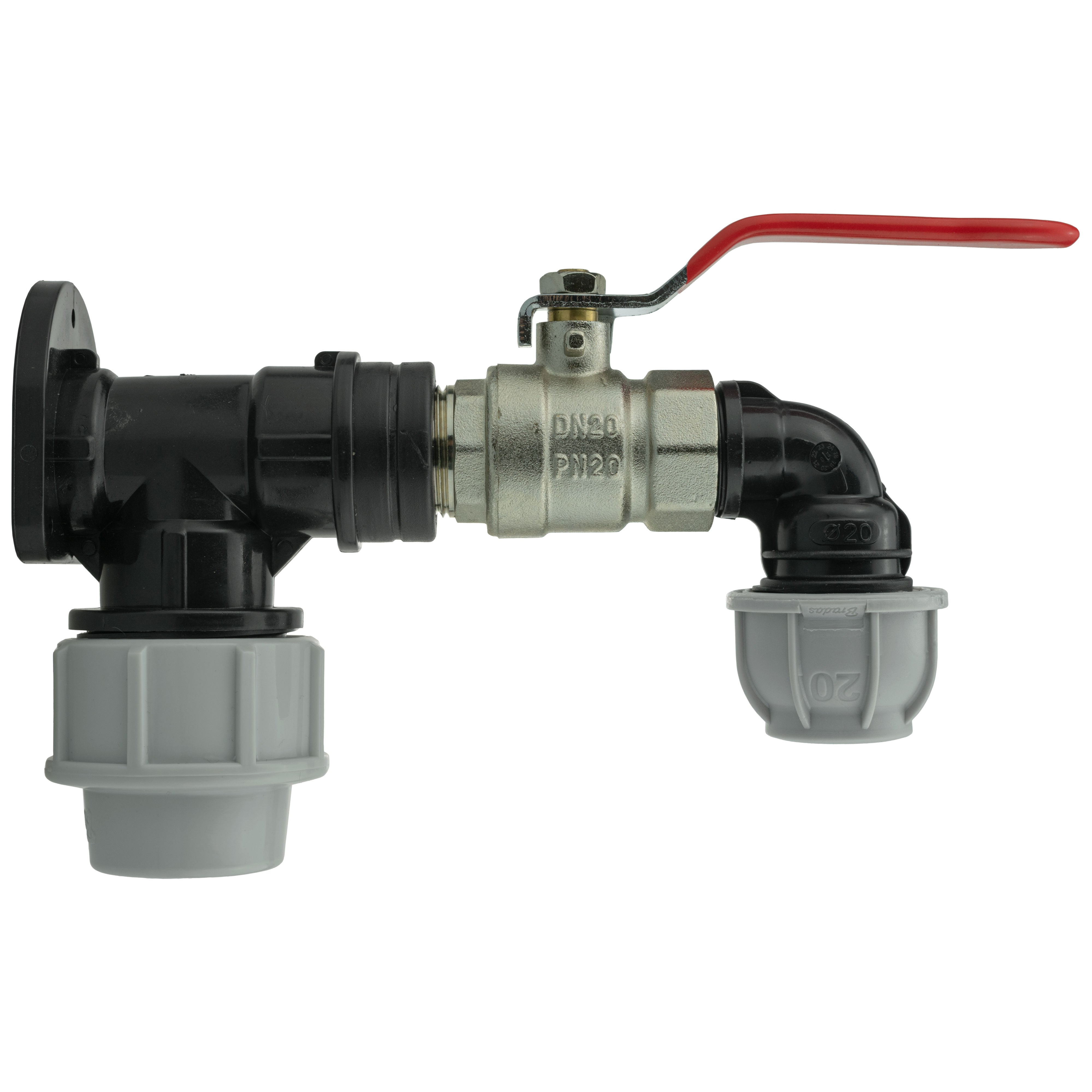 Wall Flange Kit 32mm MDPE + Lever Valve + 20mm MDPE Elbow