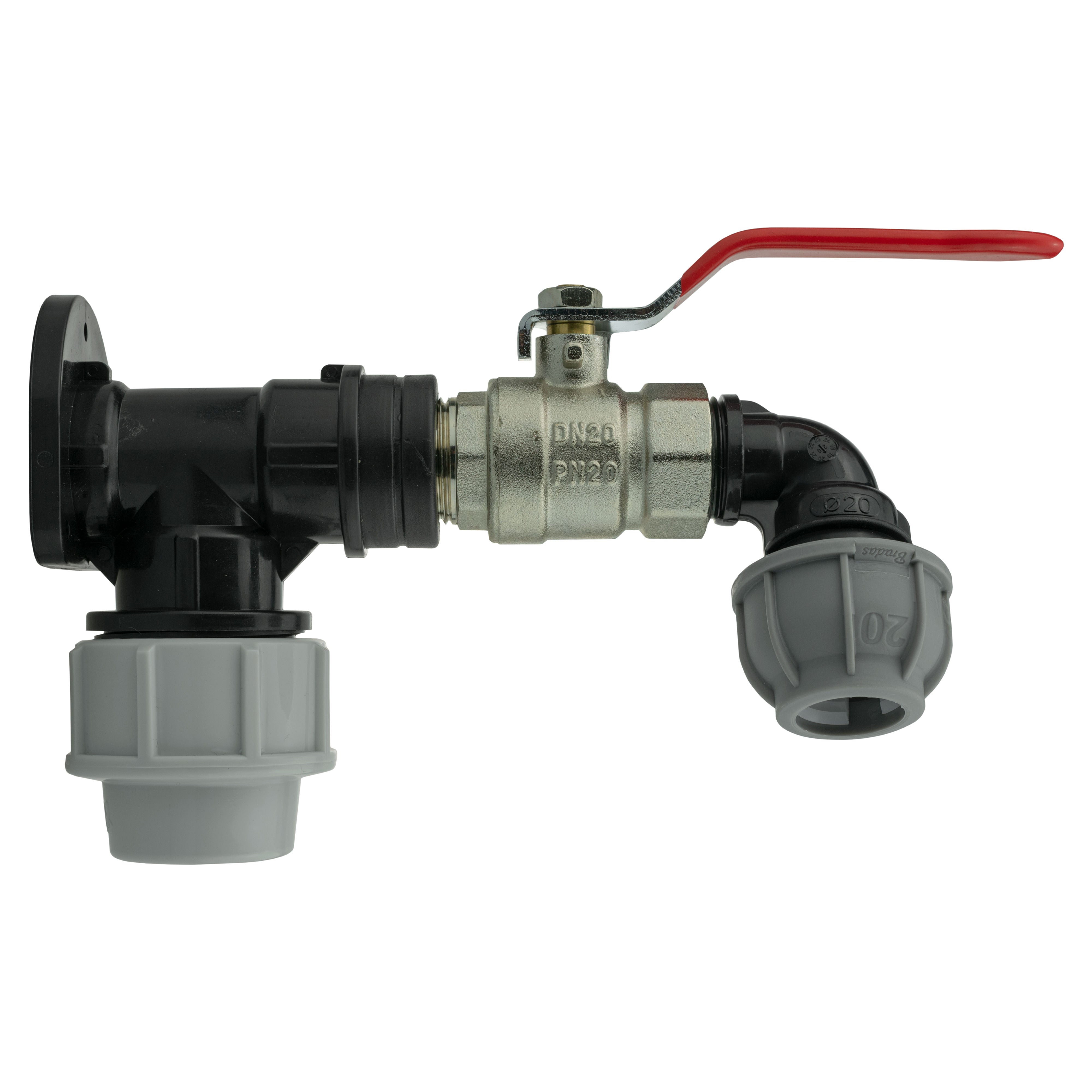 Wall Flange Kit 32mm MDPE + Lever Valve + 20mm MDPE Elbow