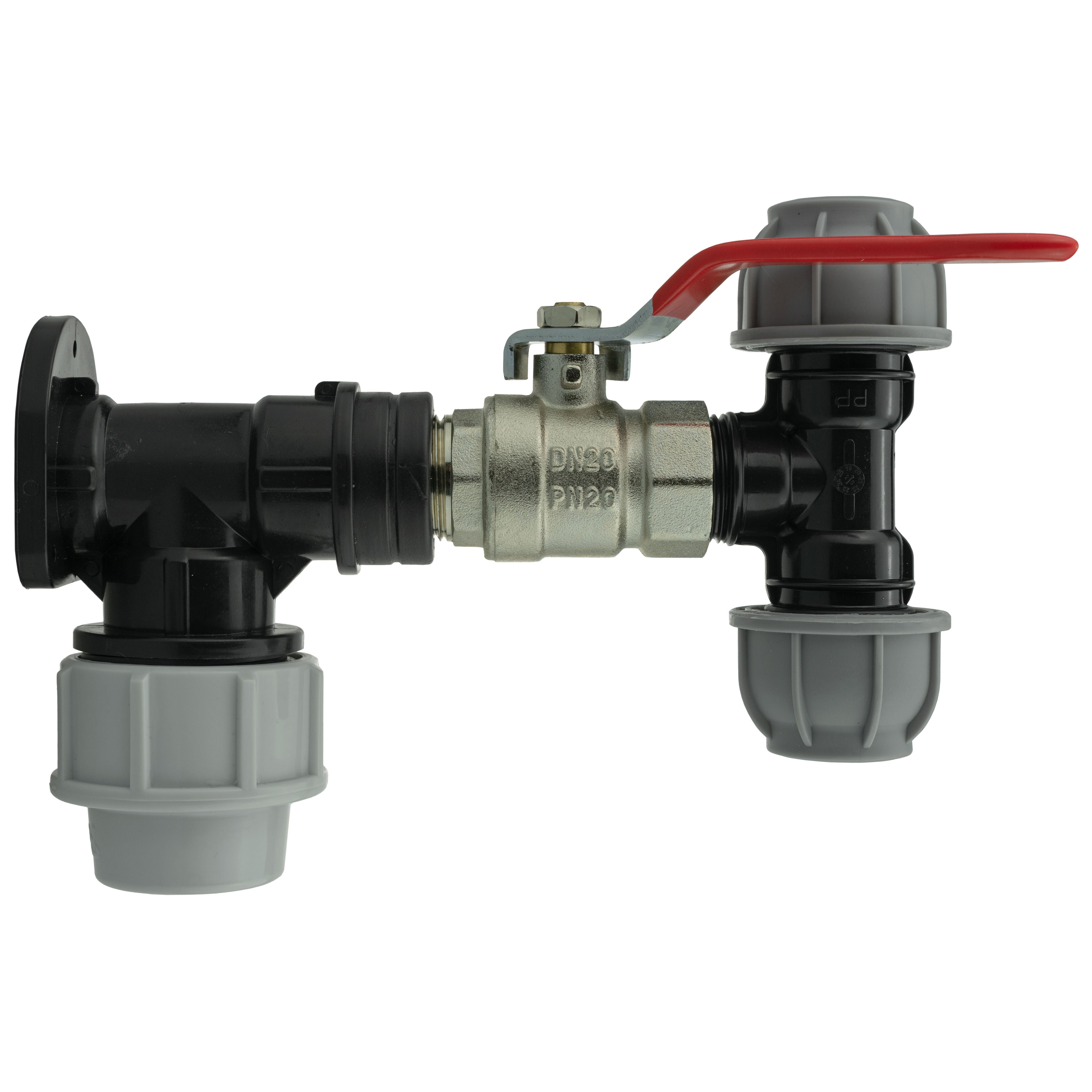 Wall Flange Kit 32mm MDPE + Lever Valve + 20mm MDPE Tee