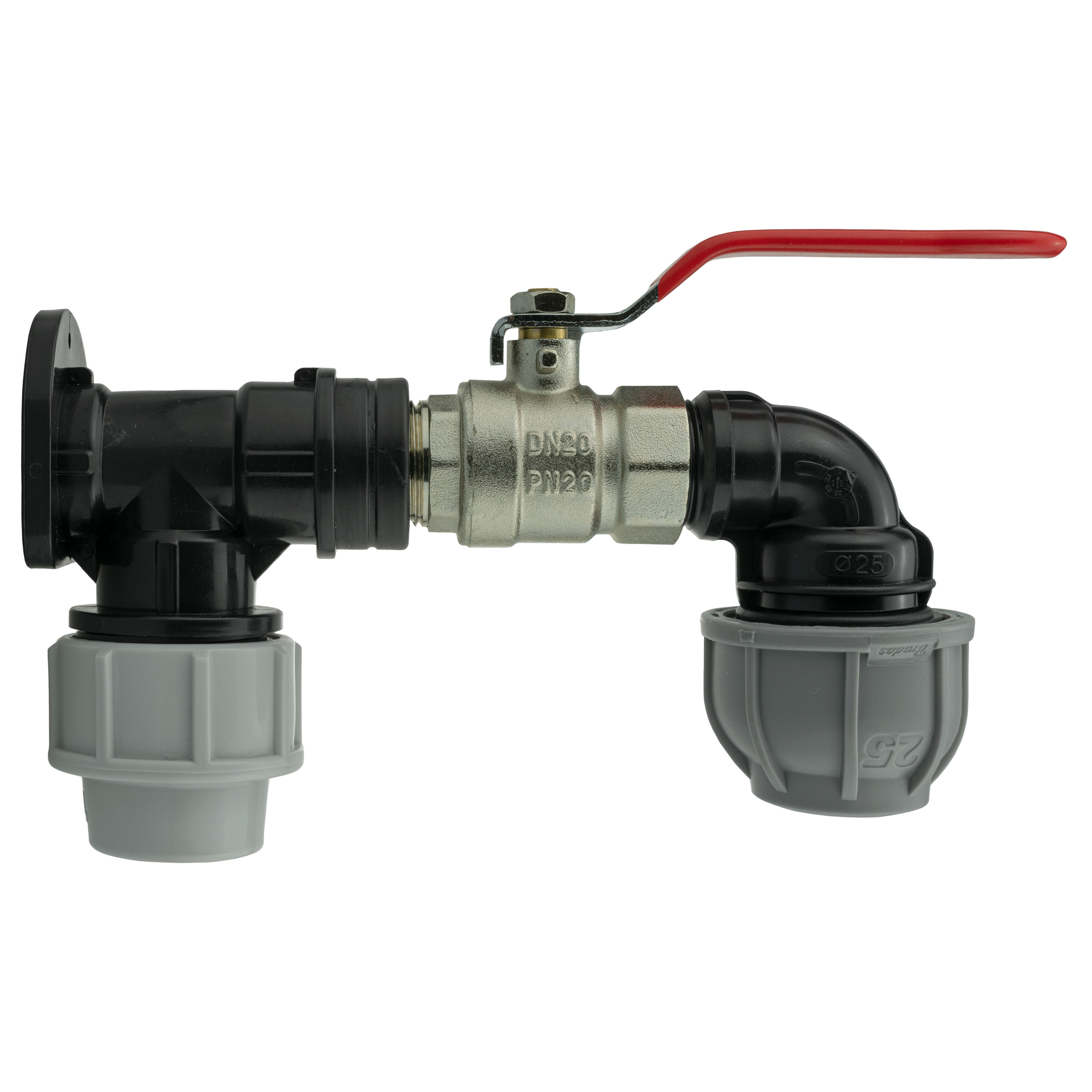 Wall Flange Kit 32mm MDPE + Lever Valve + 25mm MDPE Elbow