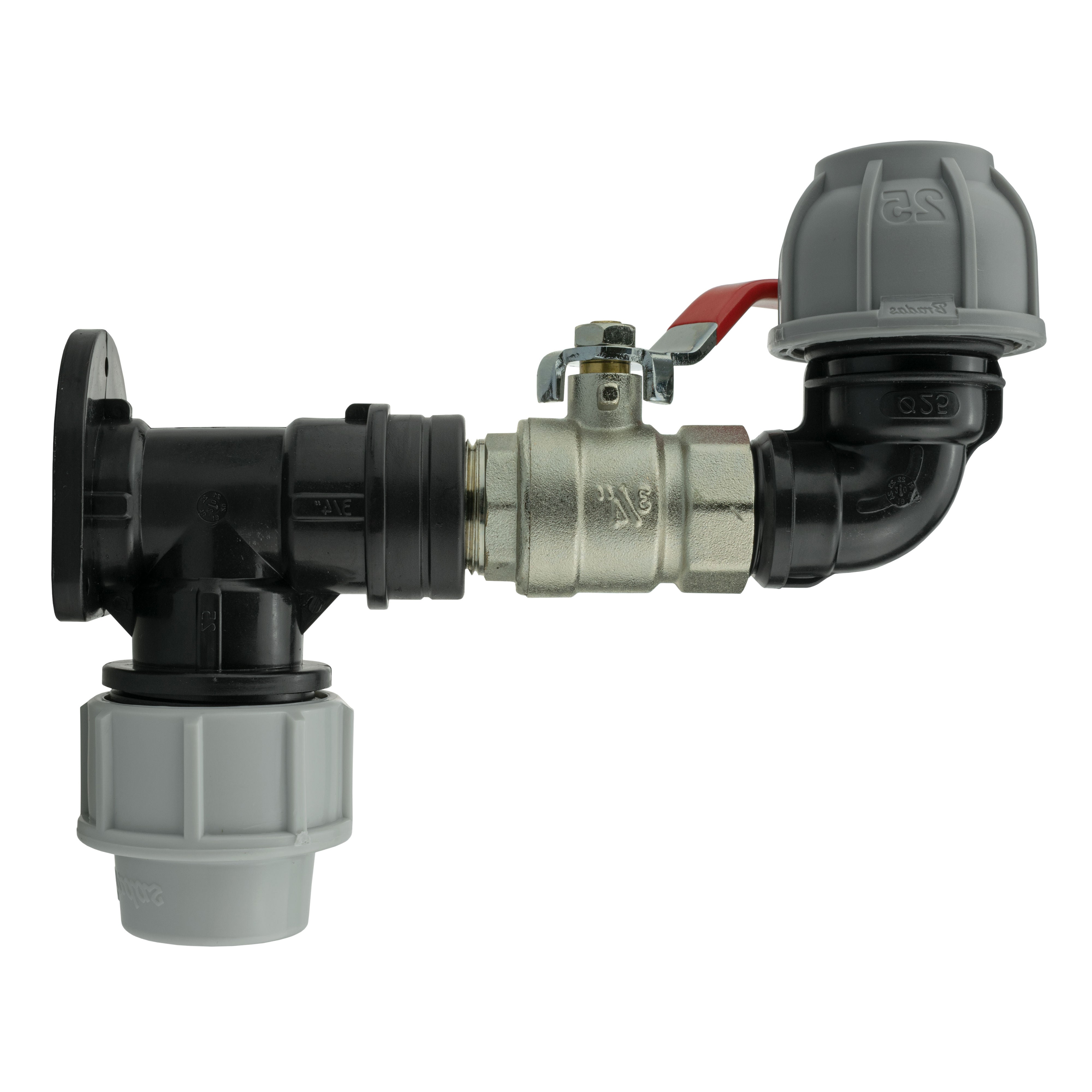 Wall Flange Kit 32mm MDPE + Lever Valve + 25mm MDPE Elbow