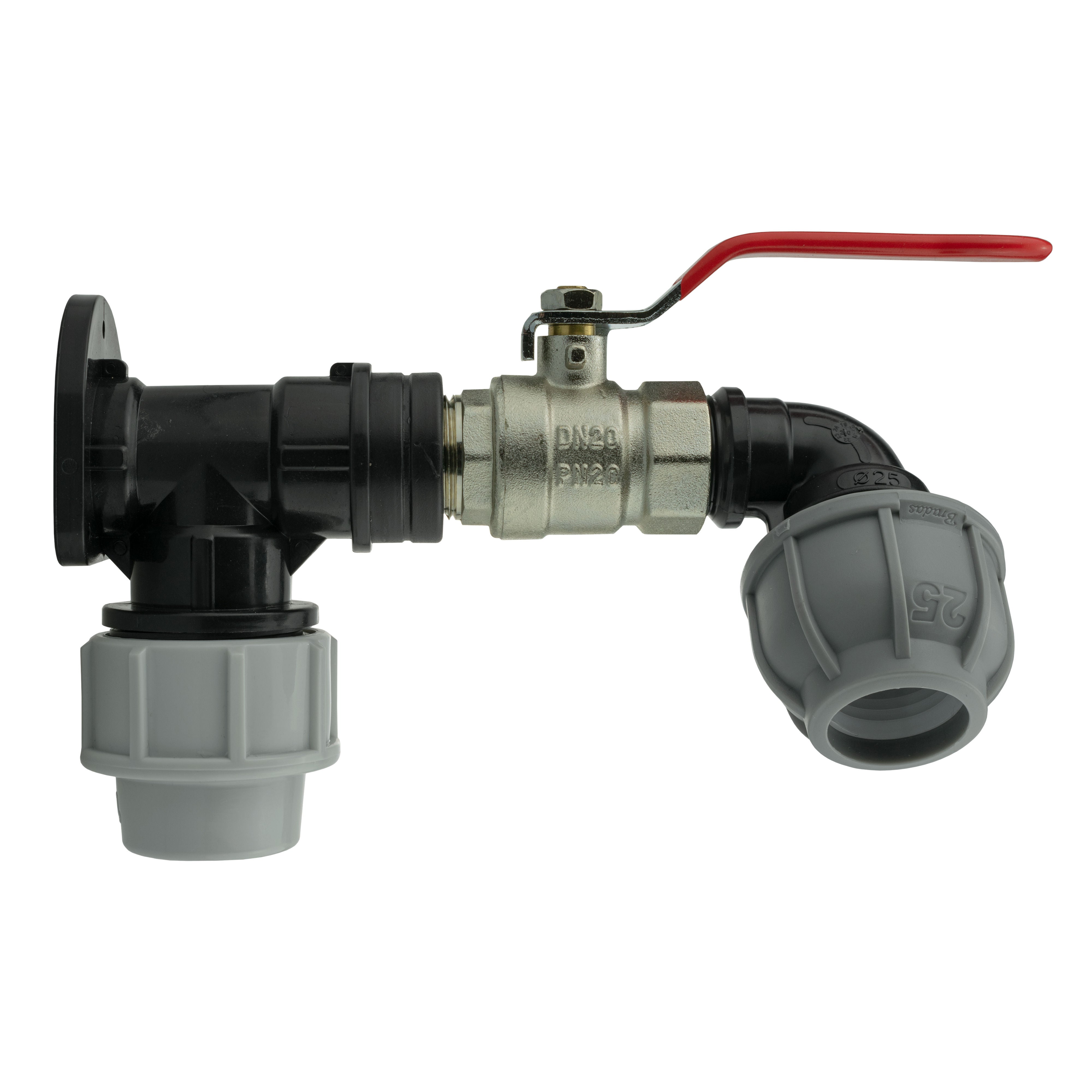 Wall Flange Kit 32mm MDPE + Lever Valve + 25mm MDPE Elbow