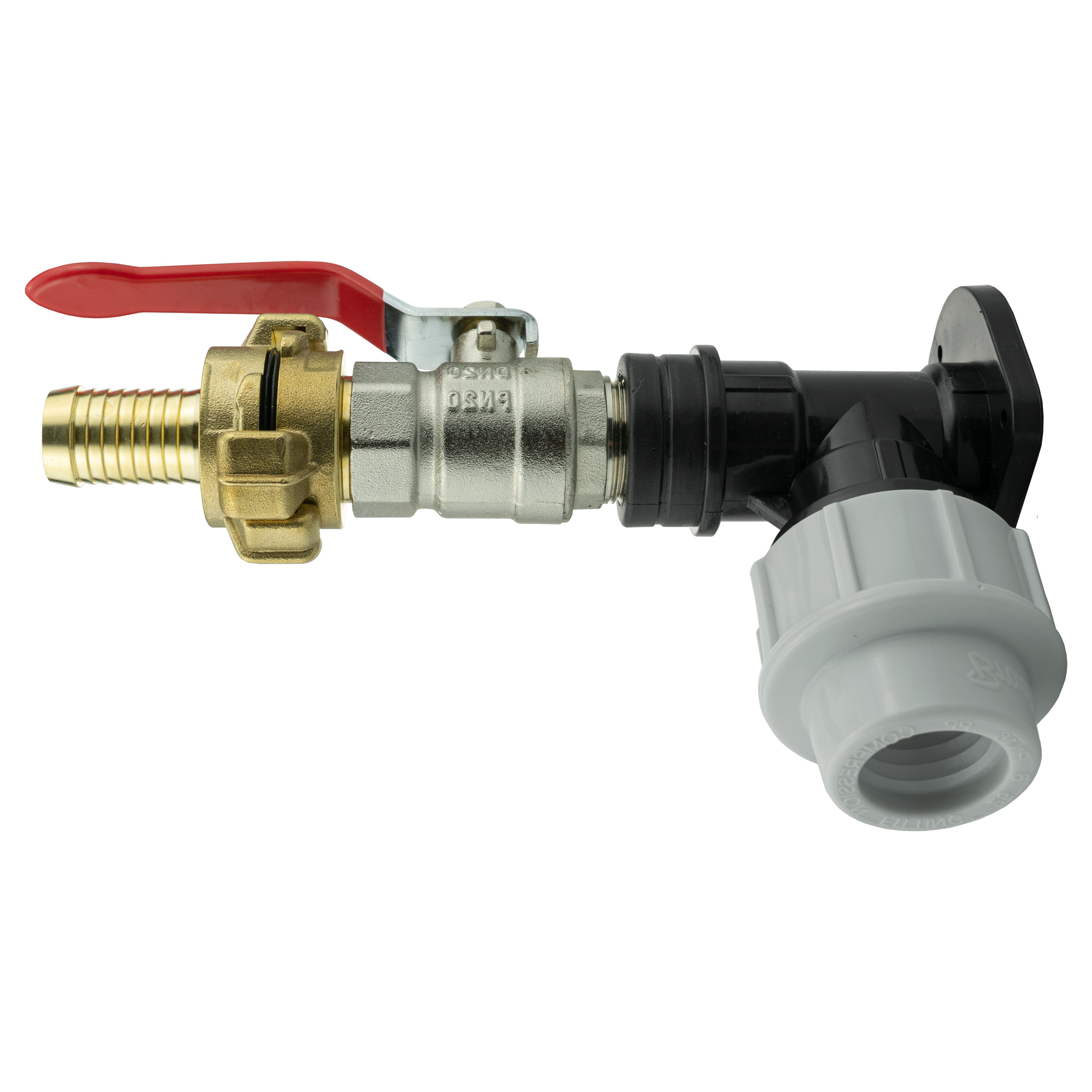 Wall Flange Kit 25mm MDPE + Lever Valve + 19mm Barbed Geka Set