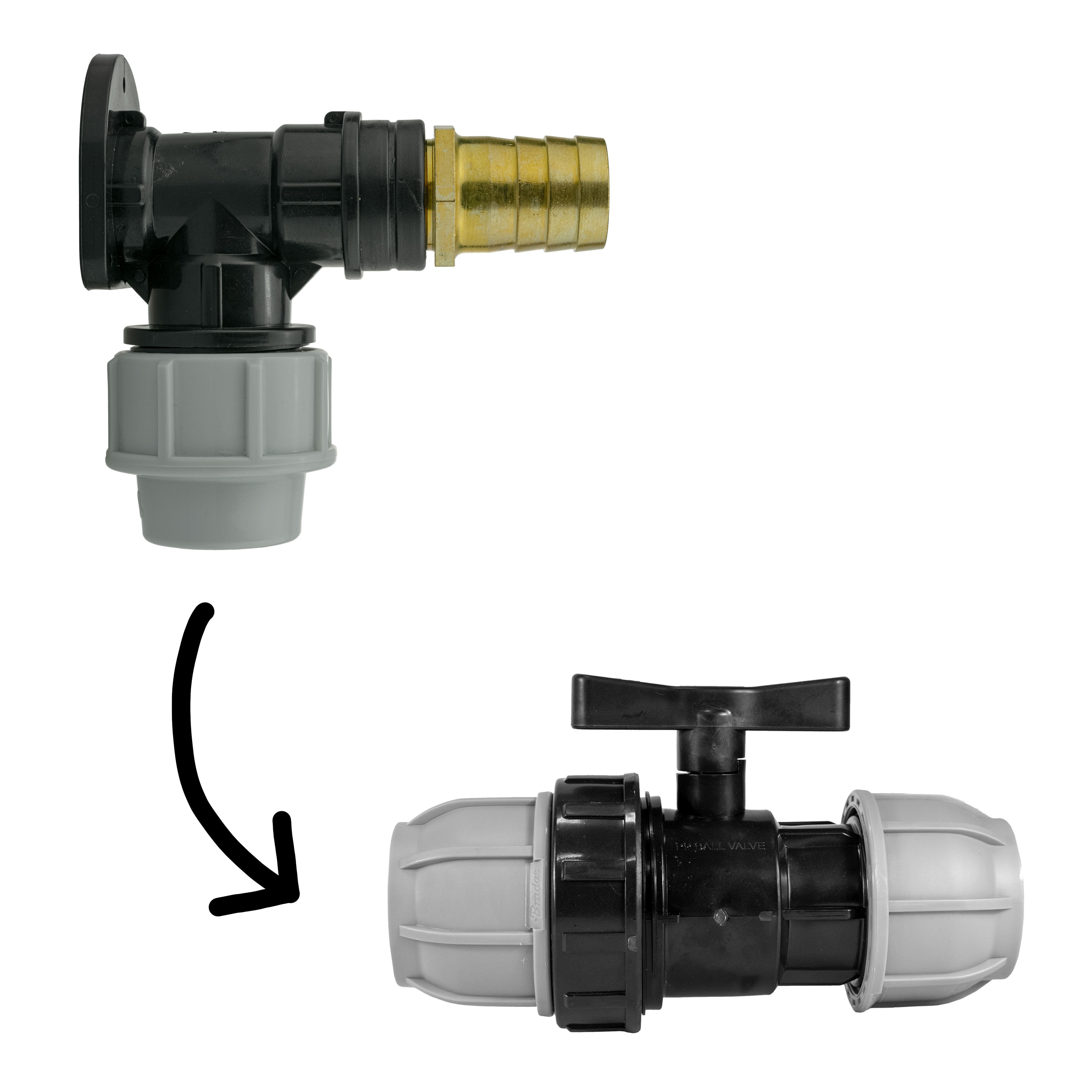 Wall Flange Kit 32mm MDPE + 32mm MDPE Valve + 25mm Brass Barb