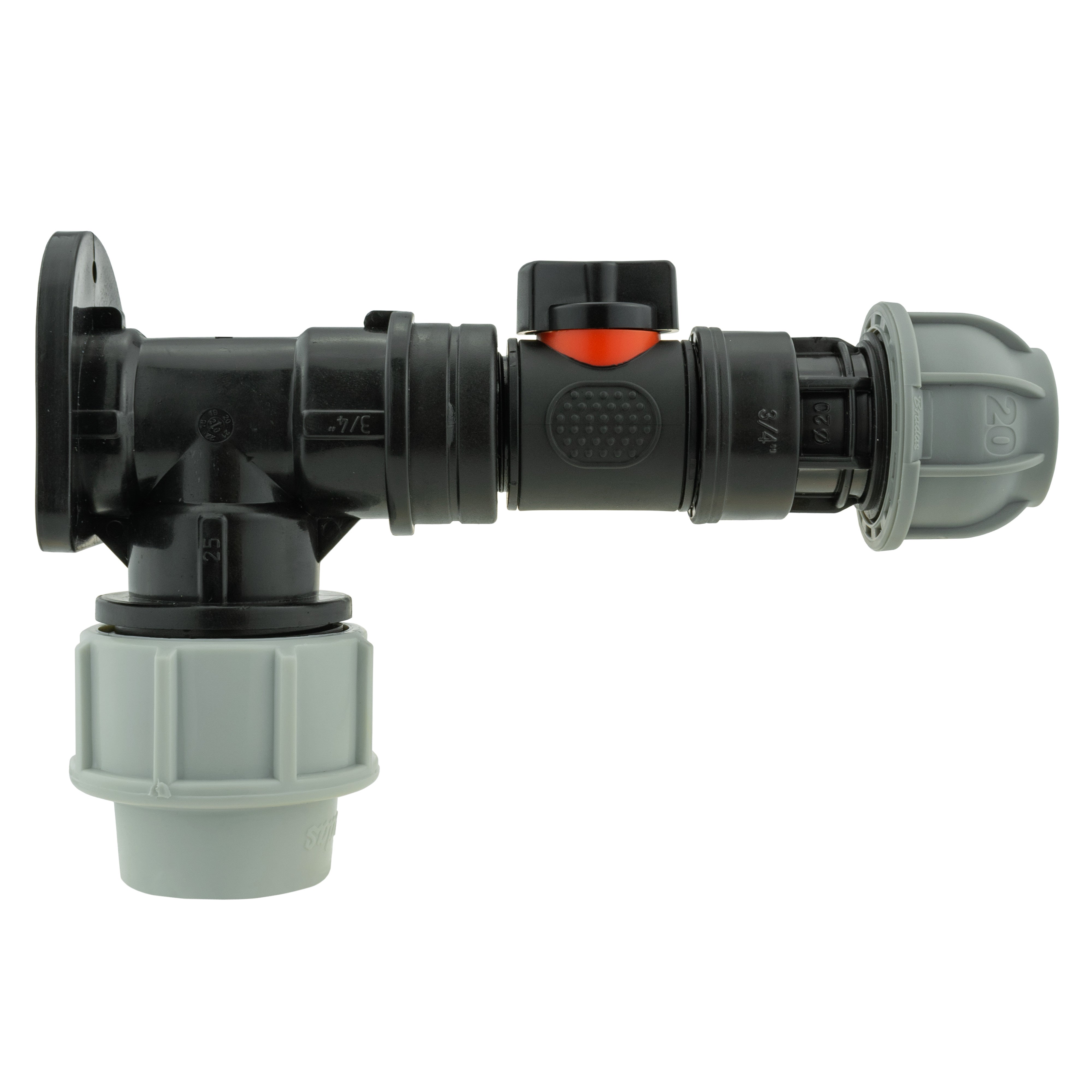 Wall Flange Kit 25mm MDPE + In-Line Valve + 20mm MDPE Joiner
