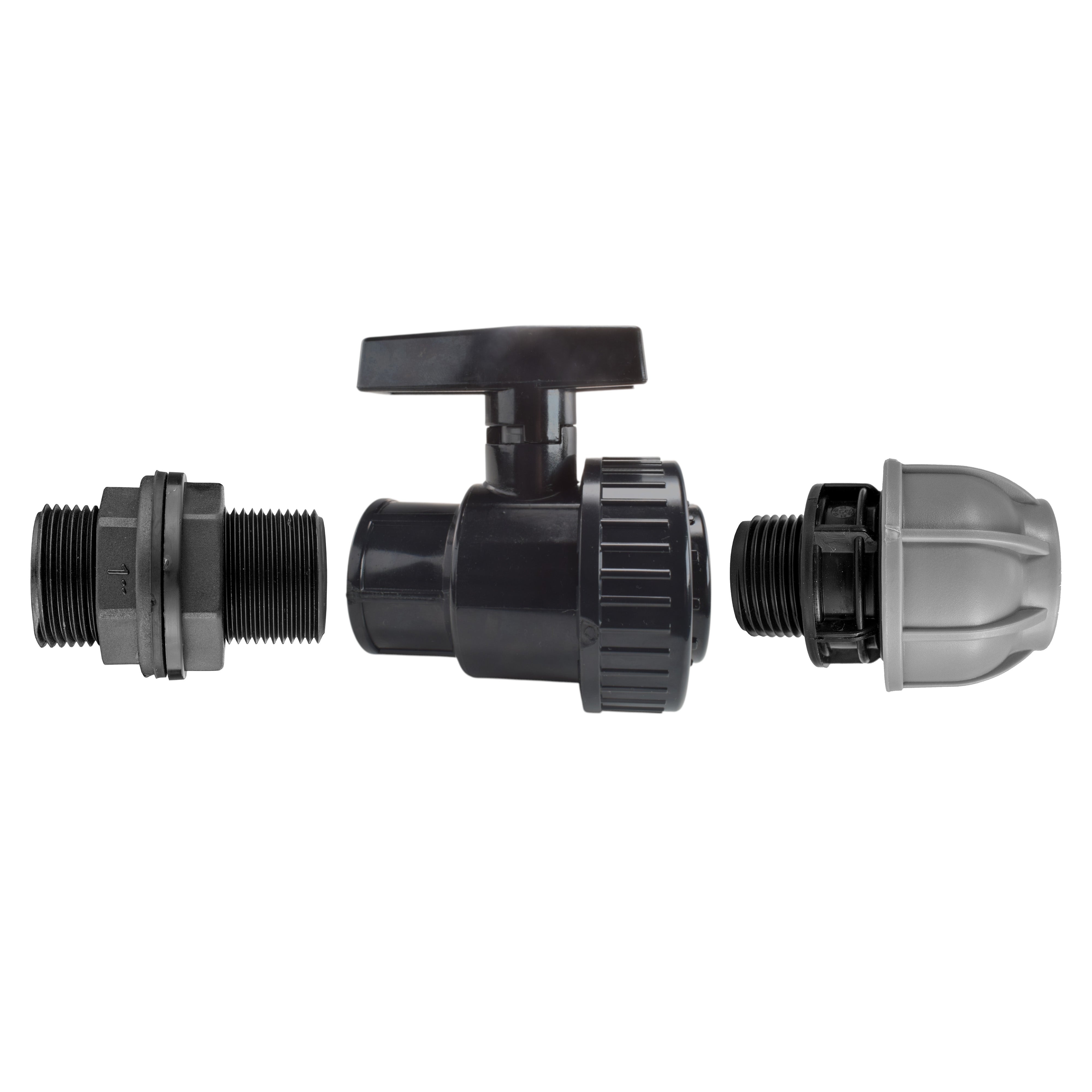 1” BSP Water Butt Fitting with Full Flow PP Valve and 25mm MDPE Fitting